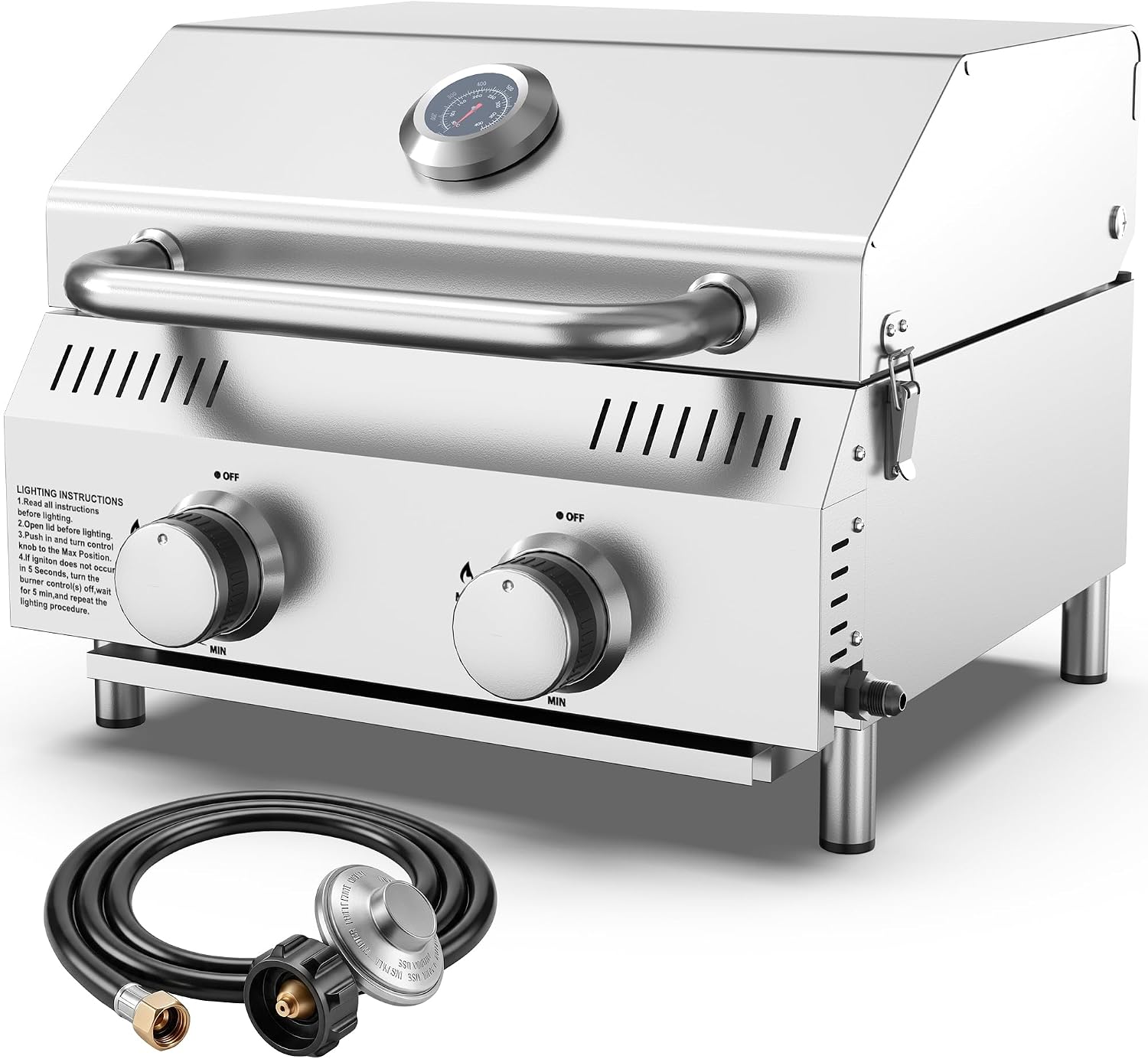 Veralune 2 Burner Tabletop Gas Grill, 22,000 BTUs Stainless Steel Portable Propane Grill with Legs, Built-in Thermometer, Travel Locks for Tailgating, Outdoor, Camping, RV Trips