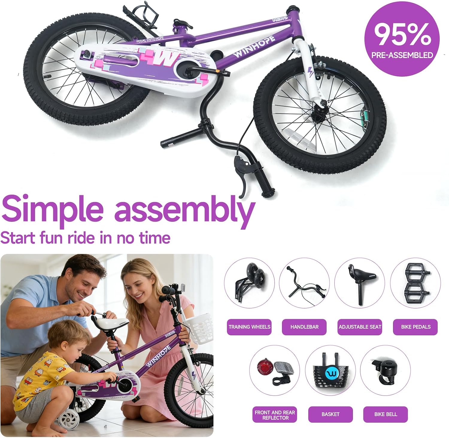 WinHope Kids Bike, 12 14 16 18 Inch Children Bicycle with Light up Training Wheels and Dual Brakes, Toddler Bike for Beginner with Adjustable Seat and Headlebar for Boys Girls 2-9, Multiple Colors