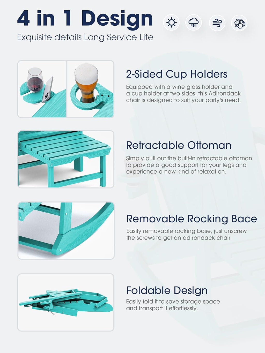 KINGYES Adirondack Rocking Chair Set of 4 with Retractable Ottoman and Cup Holders, HDPE Adirondack Rocker Patio Rocking Chair for Porch, Patio, Balcony, Aqua Blue
