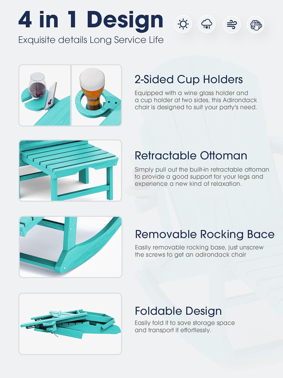 KINGYES Adirondack Rocking Chair Set of 4 with Retractable Ottoman and Cup Holders, HDPE Adirondack Rocker Patio Rocking Chair for Porch, Patio, Balcony, Aqua Blue