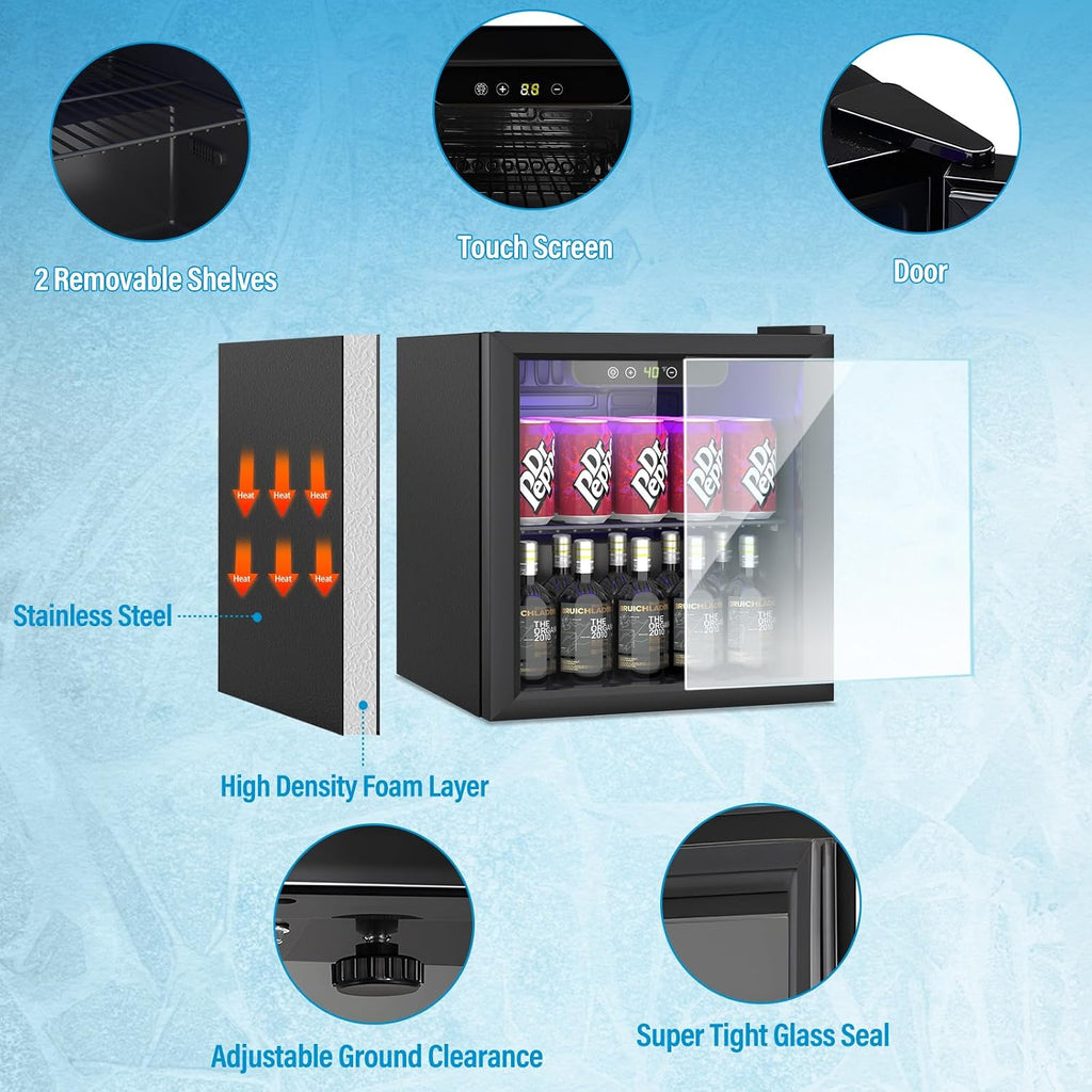 Erivess 1.4 Cu Ft/65 Can Mini Fridge, Freestanding 17 Inch Beverage Refrigerator with Glass Front Door for Soda, Beer Under Counter Drink Refrigerator with Adjustable Shelves(Silver)