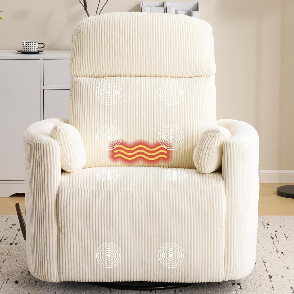 Oversized Swivel Rocker Recliner with Massage and Heat, Swivel Nursery Recliner with Adjustable Headrest, Manual Rocker Recliner Chair with Two Removable Pillows, Rocking Nursery Chair,Corduroy Beige