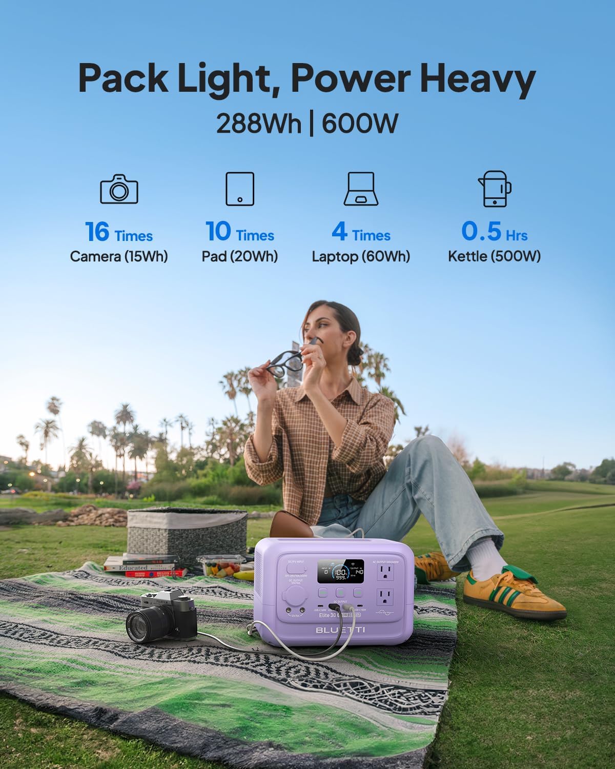 BLUETTI Elite 30 V2 Solar Generator with 60W Solar Panel (Ships Separately), 288Wh LiFePO4 Portable Power Station, 600W AC Ports (1500W Power Lifting), UPS Backup Power for Camping, Road Trip, Outage