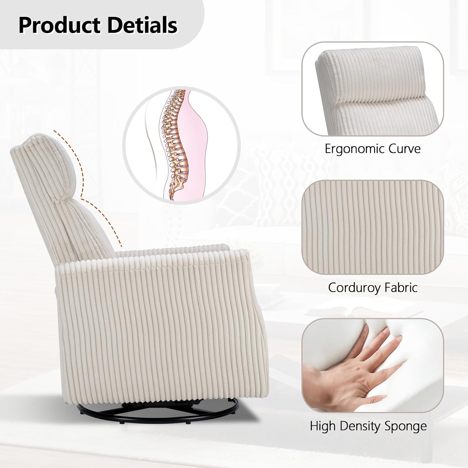 CANMOV Swivel Rocker Chair Set of 2, Swivel Accent Chair with High Back and Arms, Corduroy Glider Chair for Living Room Bedroom Nursery, Beige