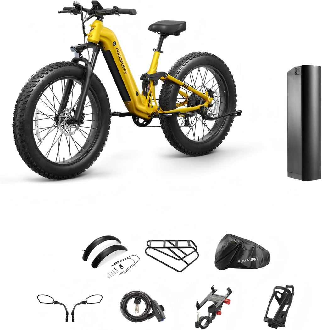 PUCKIPUPPY Battery+Electric Bike for Adults 960W(Peak), 48V 20AH Battery Adult Electric Bicycles, 26' Fat Tire Full Suspension Step-Thru Ebike, 28MPH Mountain Ebike, 7 Speed, 80Miles Range