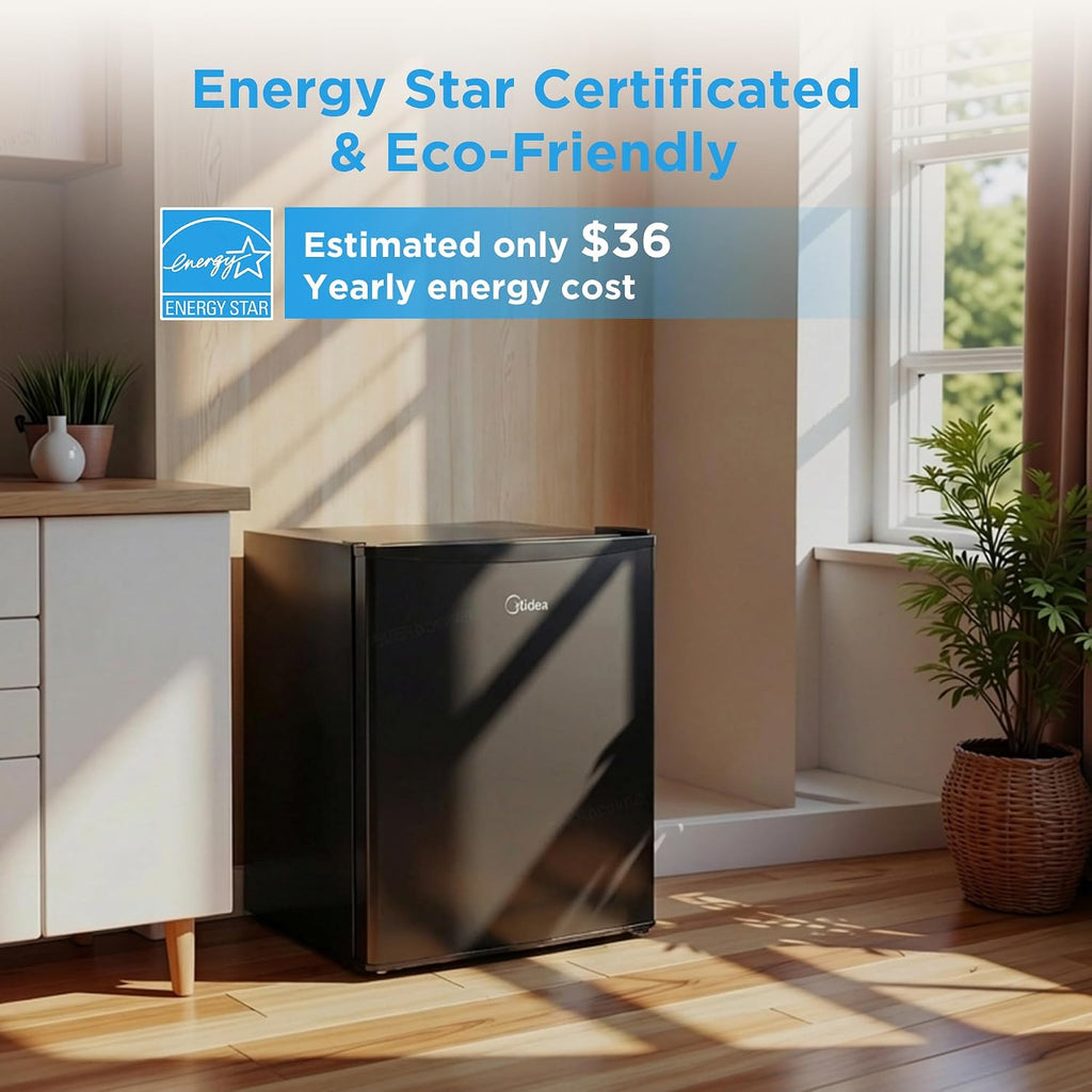 Midea MERM26B0ABB Mini Fridge, 2.7 Cu.ft Energy Star Certified Mini Refrigerator, Adjustable Thermostat, Reversible Door, Low Noise for Dorm, Office, Bedroom, Black