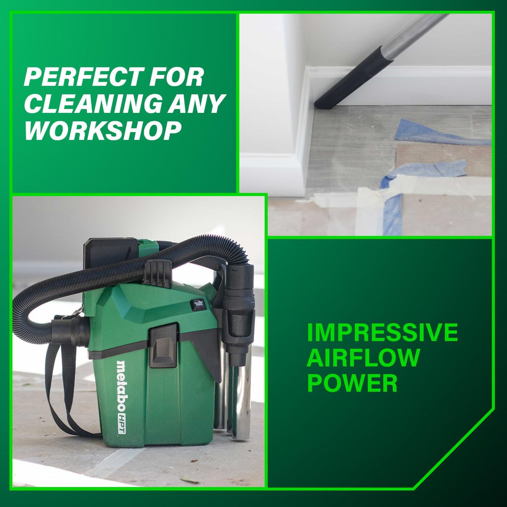 Metabo HPT 18V Cordless Wet/Dry Vacuum, 1.6 Gallon HEPA Filter Vacuum, Powerful 74 CFM Airflow, 8 ft. of Stretchable Hose, Eco and Boost Modes, Lightweight Design, Tool Body Only, RP18DAQ4