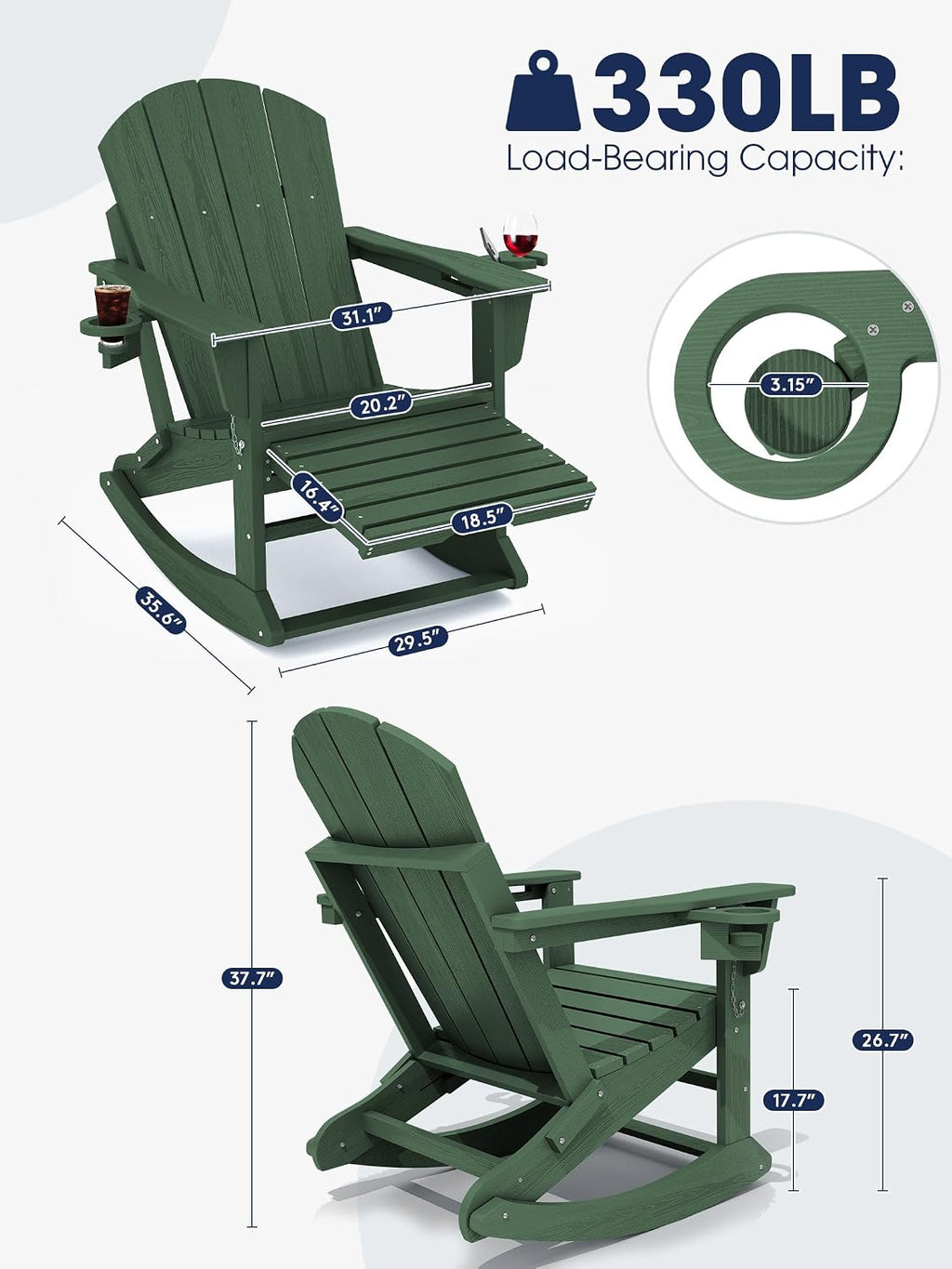 KINGYES Adirondack Rocking Chair with Retractable Ottoman and Cup Holders, HDPE Adirondack Rocker Patio Rocking Chair for Porch, Patio, Balcony, Dark Green