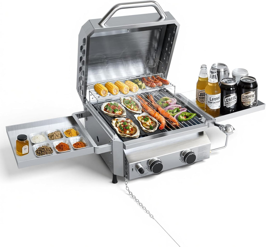 Tabletop Gas Grill, Stainless Steel Portable Propane Grill with Dual Storage Side Platforms – Compact & Powerful 16,000 BTU Dual-Burner BBQ Grill for Garden and Patio Backyard,Camping