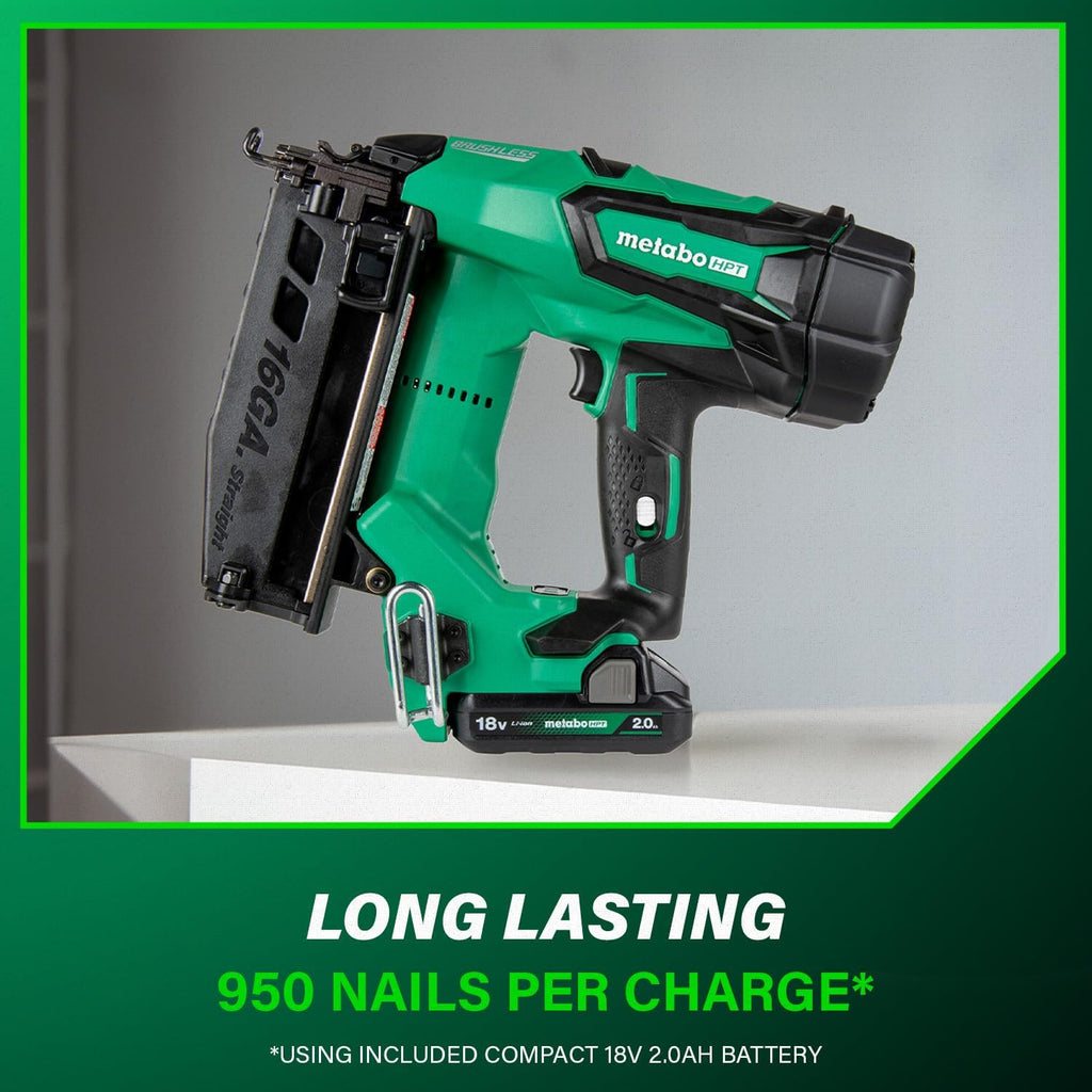 Metabo HPT 18V MultiVolt Brushless Cordless Finish Nailer Kit, 16 Gauge Straight Finish Nailer with Power Tool 2.0Ah Lithium Ion Battery, Drives 1' to 2-1/2' Nails, NT1865DMST