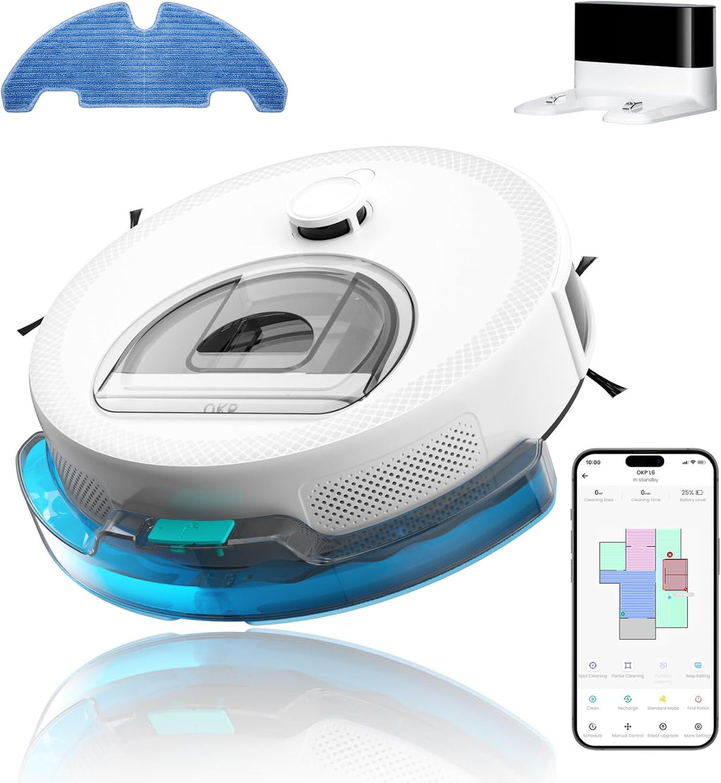 OKP Lidar Robot Vacuum and Mop Combo, 6000Pa Automatic Robotic Vacuum, Smart Mapping, 3.7 inch Thin, 150 Min Max, 5G WiFi/App/Alexa Control, Ideal for Pet Hair, Hardfloors, Carpets, Home(L6 Aqua)