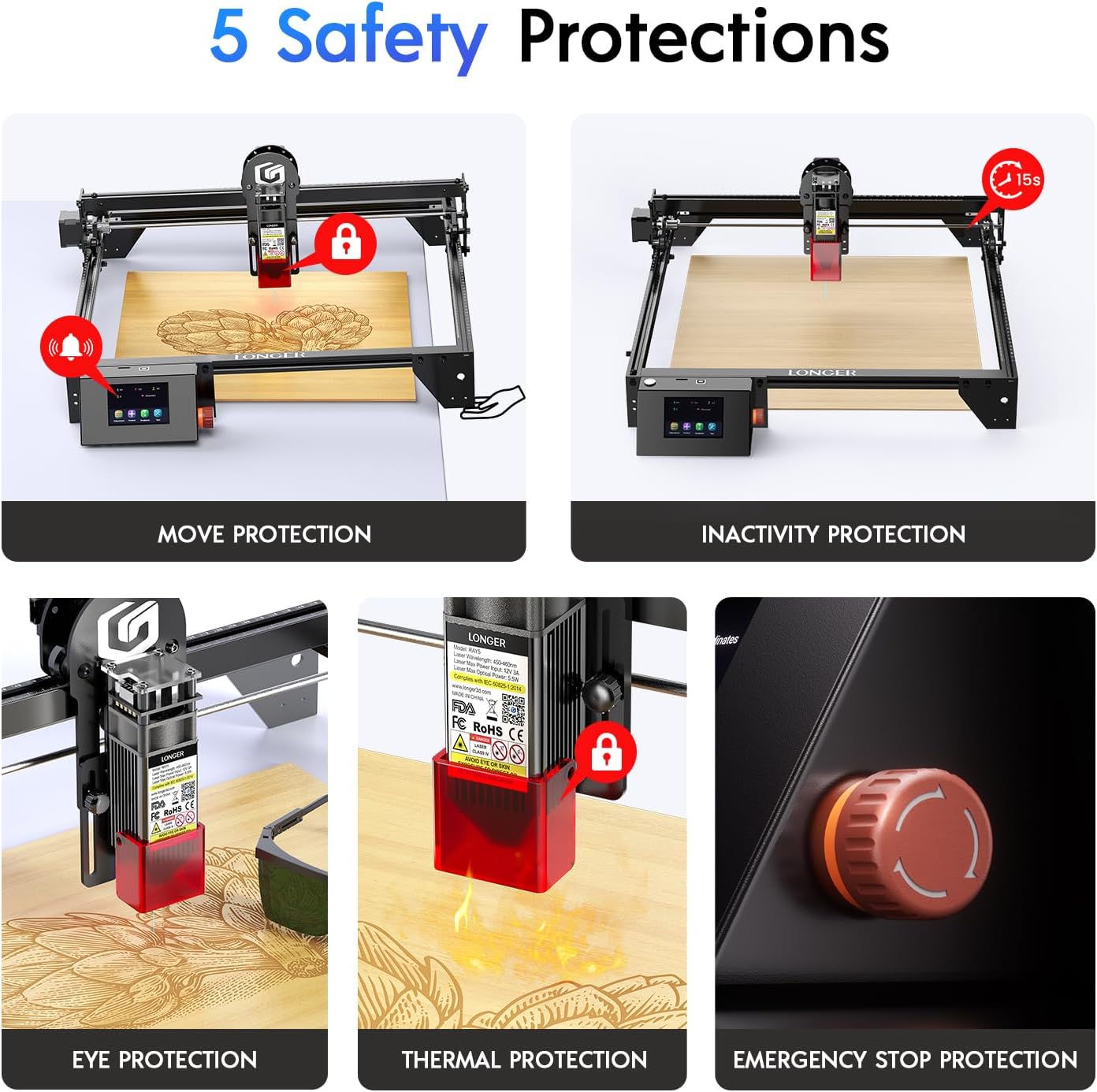 Longer RAY5 New Upgraded Laser Engraver, DIY Laser Engraver 5W Output Power, 3.5' Color Touch Screen, App Offline Control, Engraver Tool for Metal/Glass/Wood Engraving Area 15.75'x15.75'