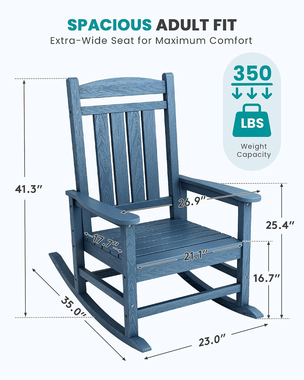 SERWALL Oversized Rocking Chairs Set of 2, HDPE Outdoor Rocking Chair, All-Weather Porch Rockers for Patio, Blue