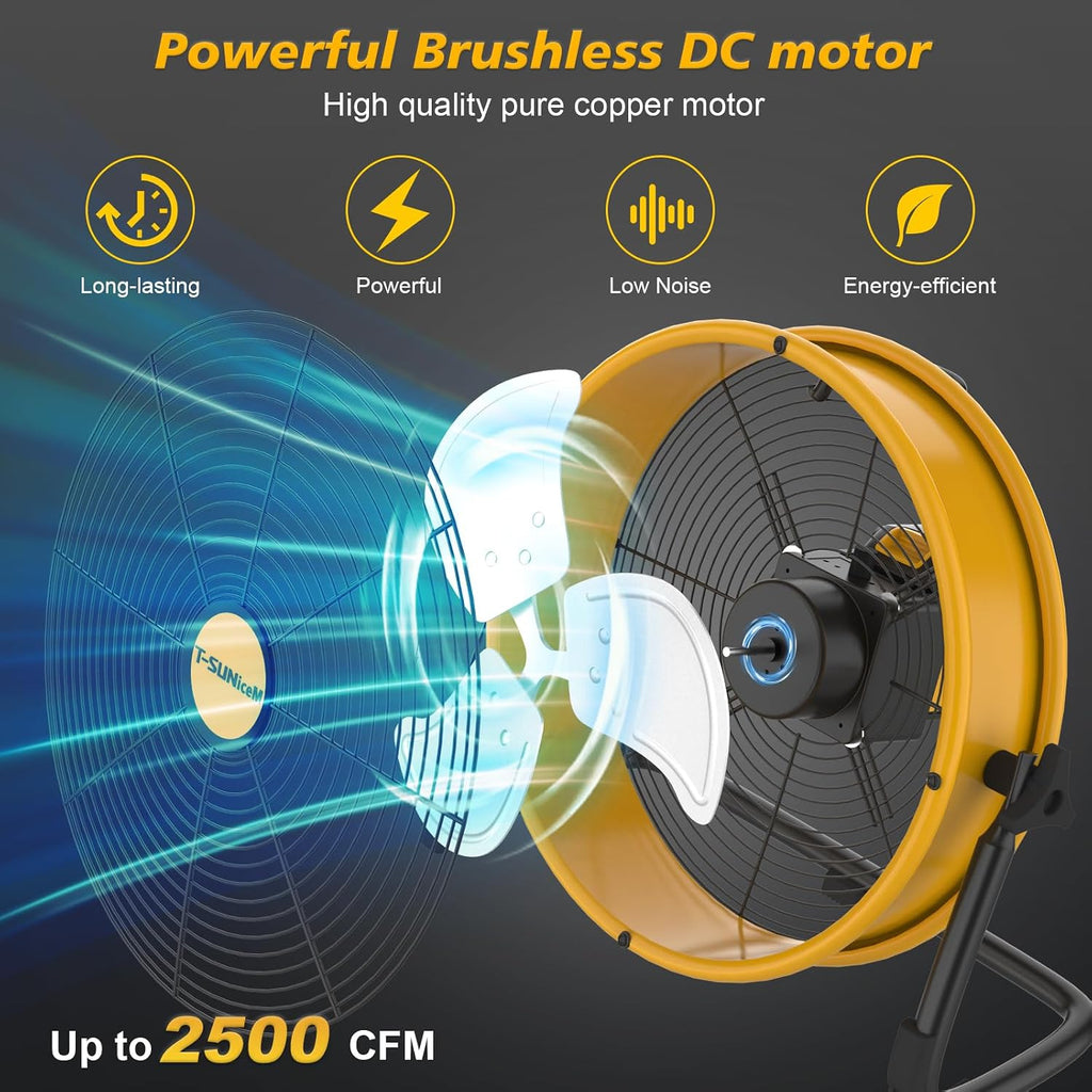16' Battery Operated Floor Fan Compatible with Dewalt 20V Max Battery, Portable Fan with AC Adapter and USB Output, Metal Industrial High Velocity, Stepless Speed Cordless Fan for Jobsite Camping