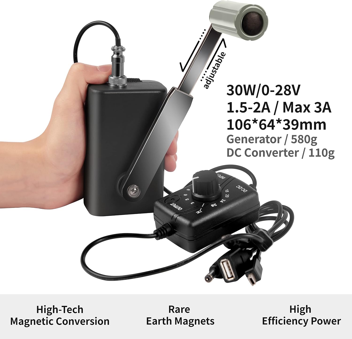 Hand Crank Generator High Power Charger for Outdoor Mobile Phone Computer Charging 30W / 0-28V with USB Plug (Black Generator + DC Regulator)