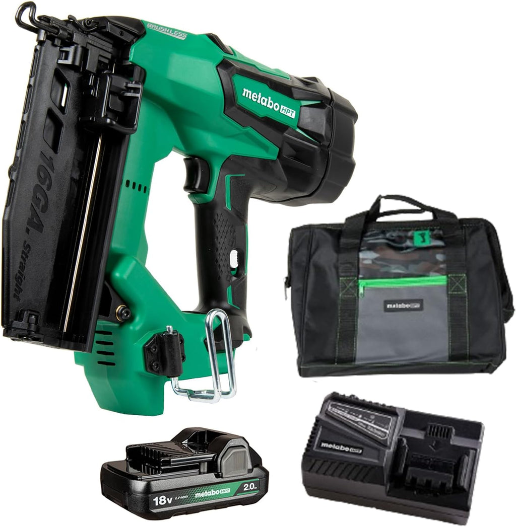 Metabo HPT 18V MultiVolt Brushless Cordless Finish Nailer Kit, 16 Gauge Straight Finish Nailer with Power Tool 2.0Ah Lithium Ion Battery, Drives 1' to 2-1/2' Nails, NT1865DMST