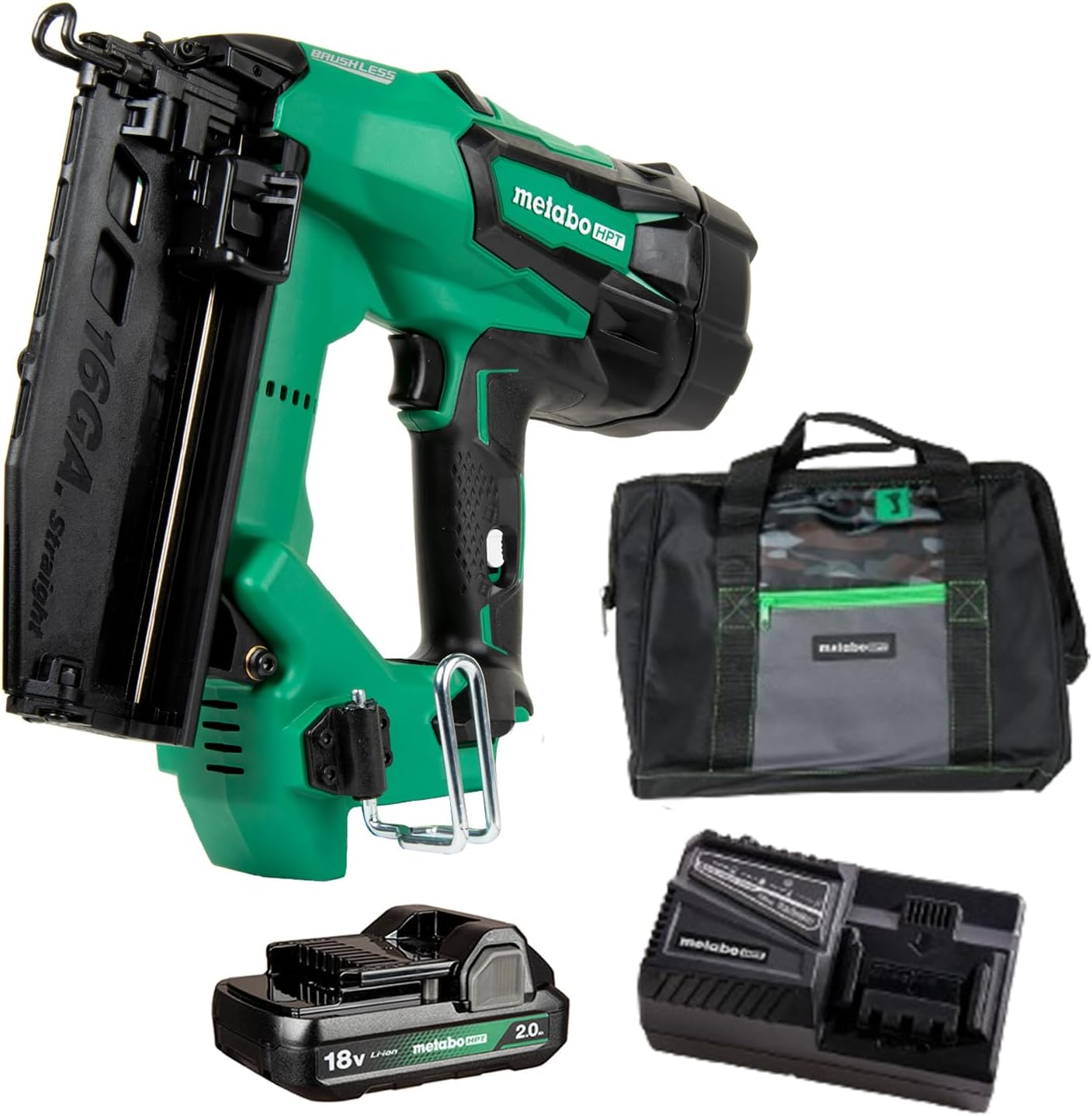 Metabo HPT 18V MultiVolt Brushless Cordless Finish Nailer Kit, 16 Gauge Straight Finish Nailer with Power Tool 2.0Ah Lithium Ion Battery, Drives 1' to 2-1/2' Nails, NT1865DMST