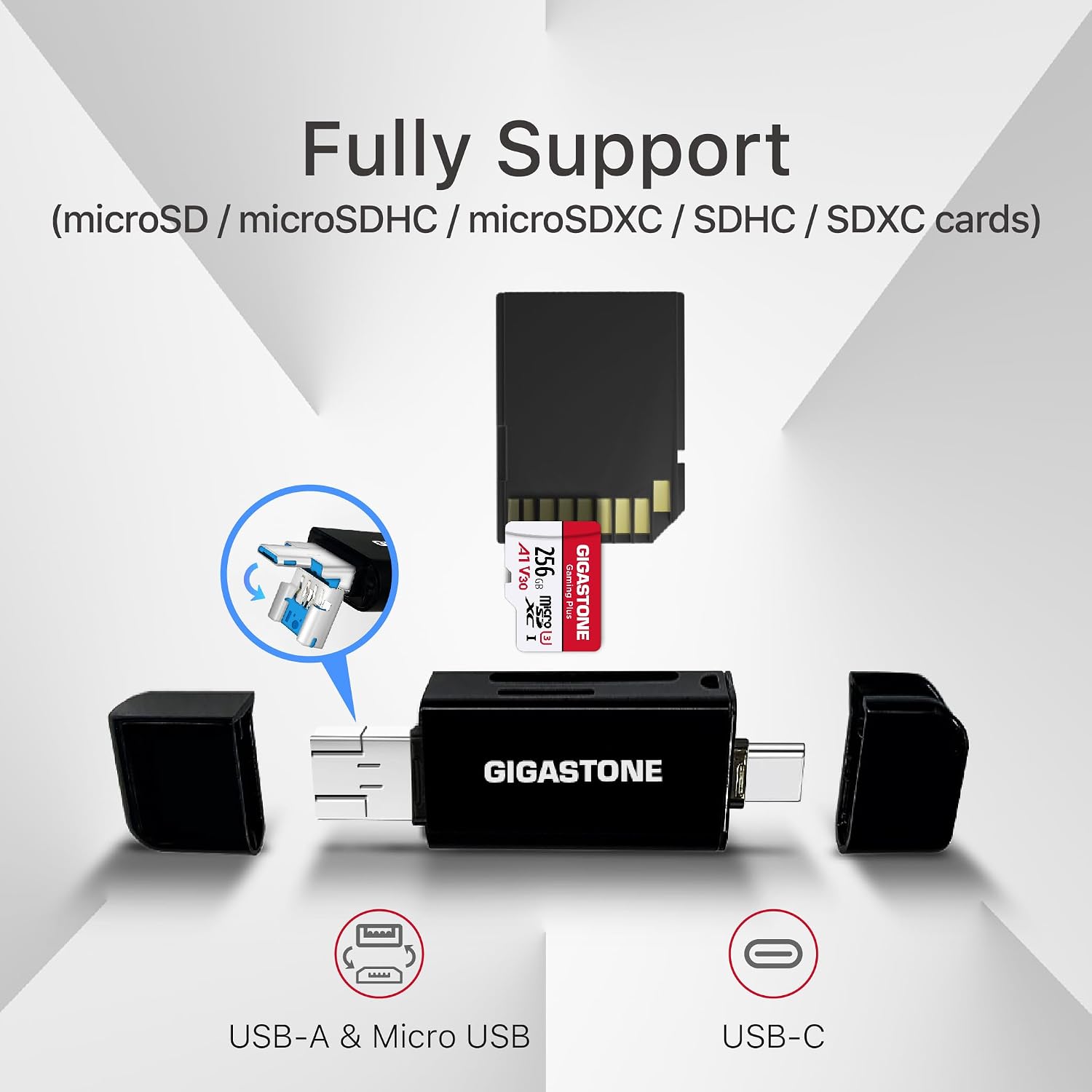 【5-Years Data Recovery】 GIGASTONE 1TB SD Card with USB Type C Card Reader, 4K Camera Pro, A1 V30 U3 SDXC Memory Card Compatible with Canon Digital Camera, with 1 mini case