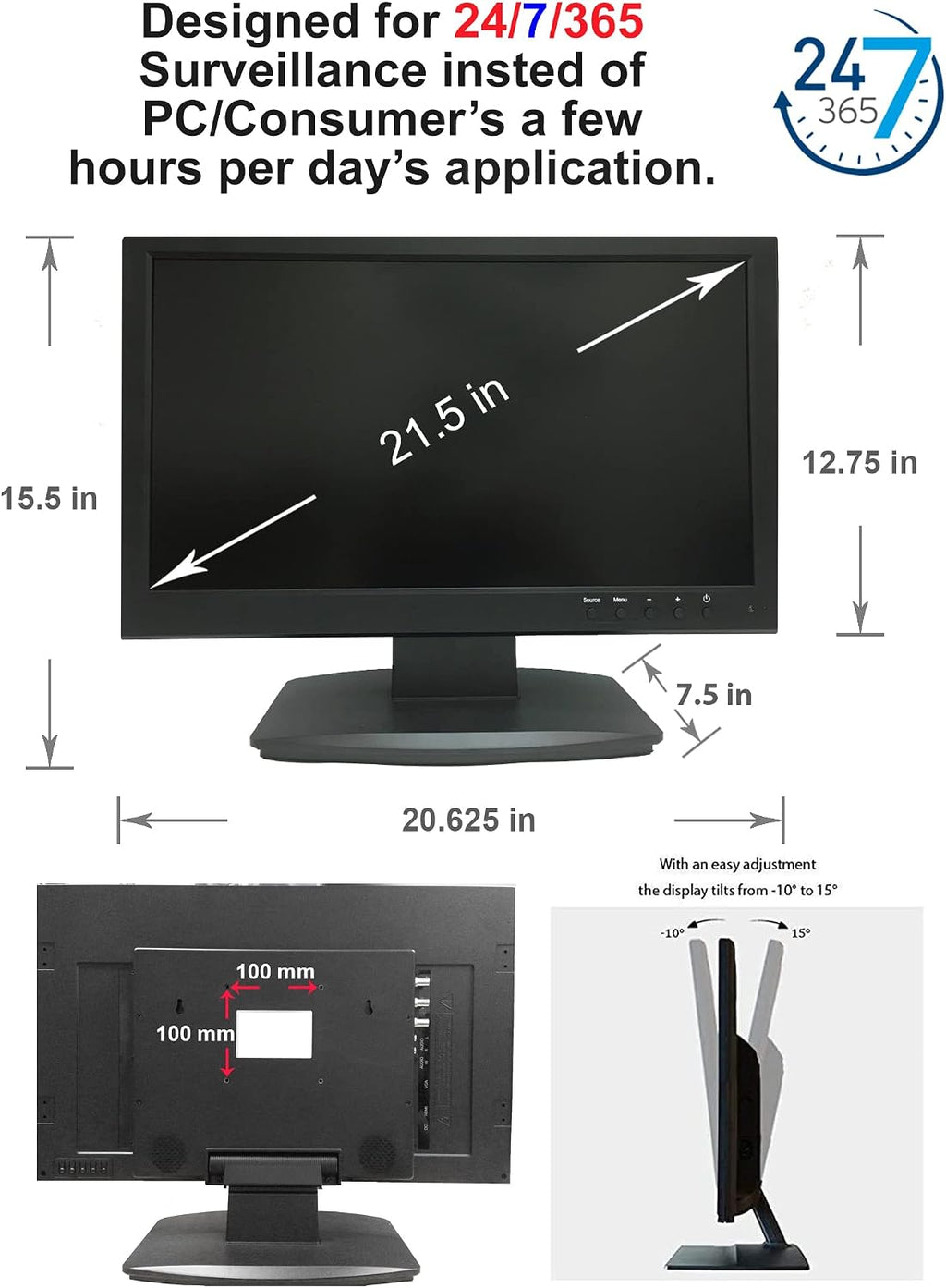101AV Professional Security Monitor 21.5' 5MP Super HD-TVI, AHD, CVI & CVBS 16:9, 1 HDMI & 2 BNC Inputs and Outputs, Working with Super HD 5MP Security Cameras Directly in Addition to DVR/NVR & PC