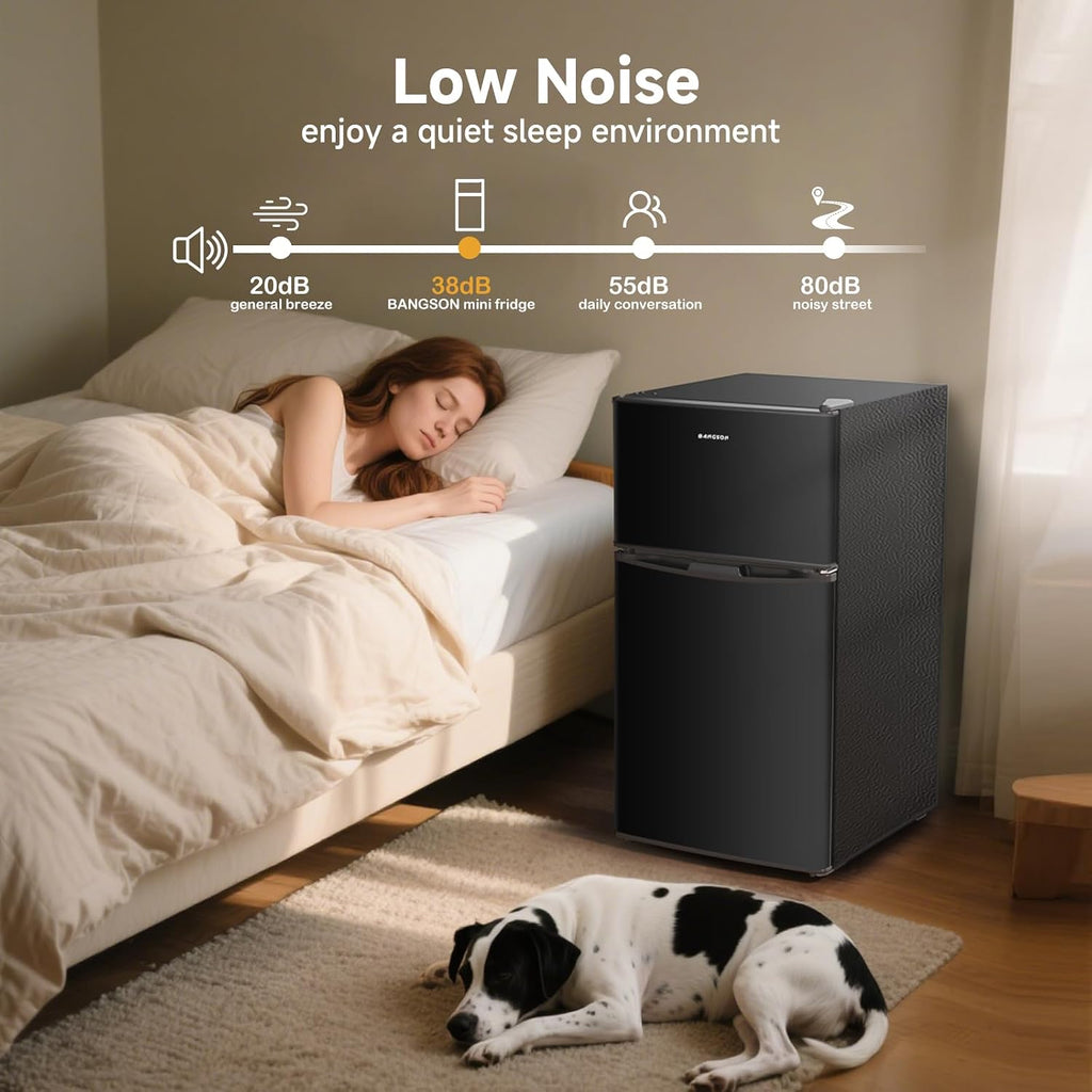 BANGSON 3.2 CU.FT Mini Fridge with Freezer Bedroom, 2 Door Office Small Refrigerator, Quiet Compact Fridge for Home, Dorm, Apartment, Garage, RV, Adjustable Thermostat, Low Noise, Black