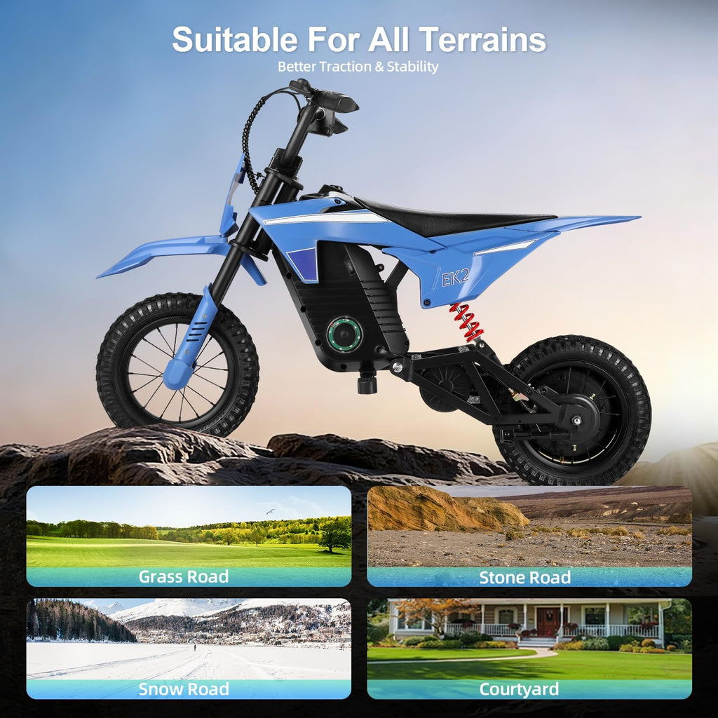 BLAZEGO EK2 Kids Electric Dirt Bike,350W Electric Motorcycle for Kids Ages 5-10,36V 5.2Ah Battery,15 MPH Max Speed,12 Miles Range,3-Speed Modes Motorcycle for Kids,Blue