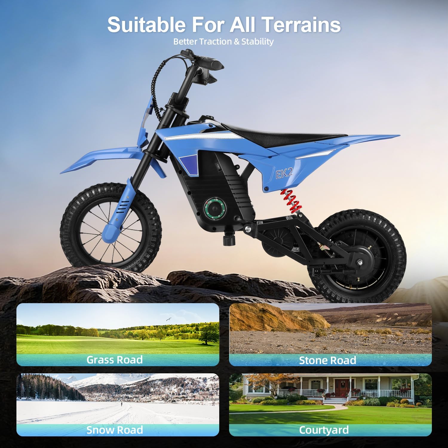 BLAZEGO EK2 Kids Electric Dirt Bike,350W Electric Motorcycle for Kids Ages 5-10,36V 5.2Ah Battery,15 MPH Max Speed,12 Miles Range,3-Speed Modes Motorcycle for Kids,Blue