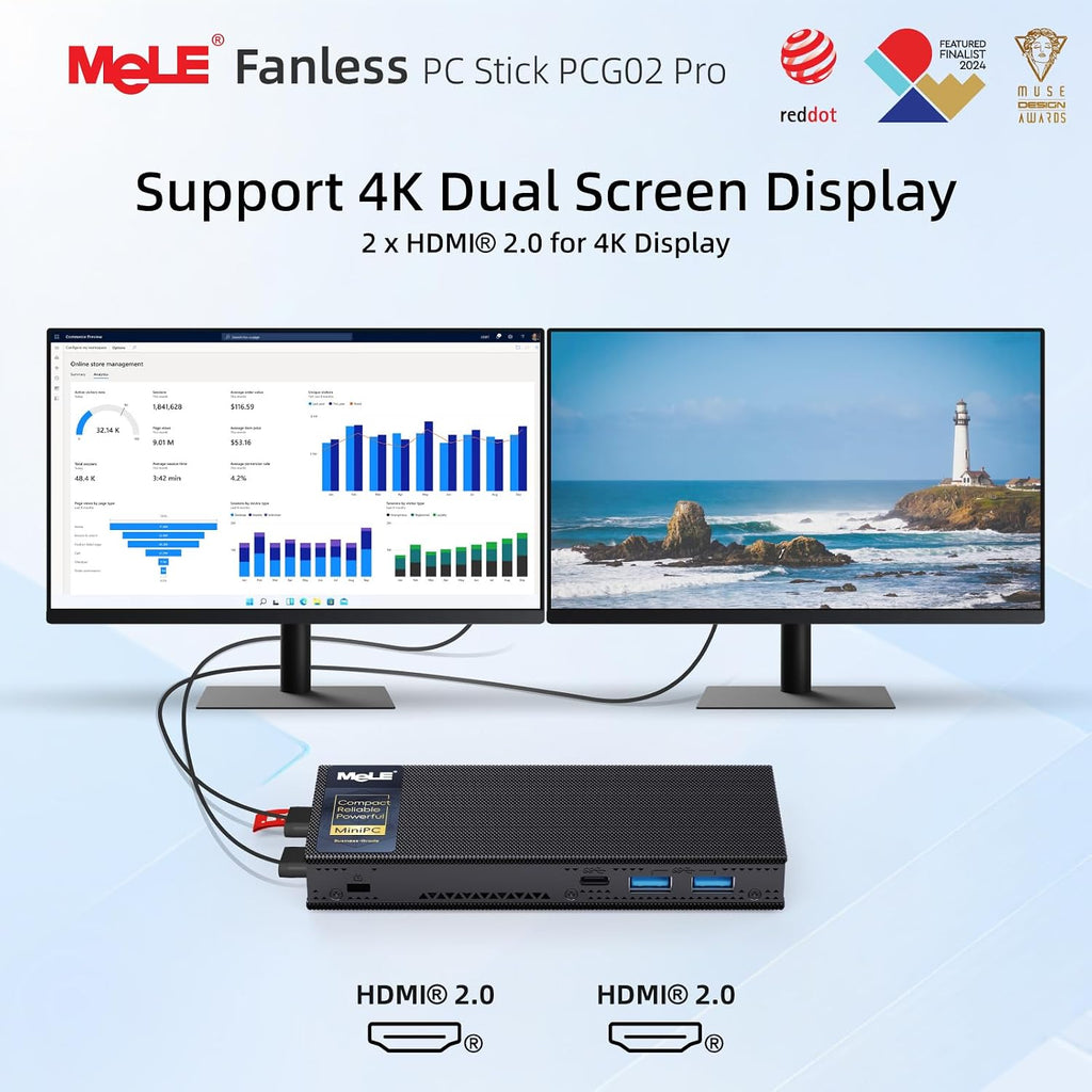MeLE PCG02 Pro Fanless N100 Mini PC Stick 8GB LPDDR4x 128GB eMMC Win11pro Slim Micro Computer Stick Dual HDMI 4K Display WiFi 5 BT5.1 GbE, Support PD3.0 Protocol, on IoT, Digital Signage, MES, WMS