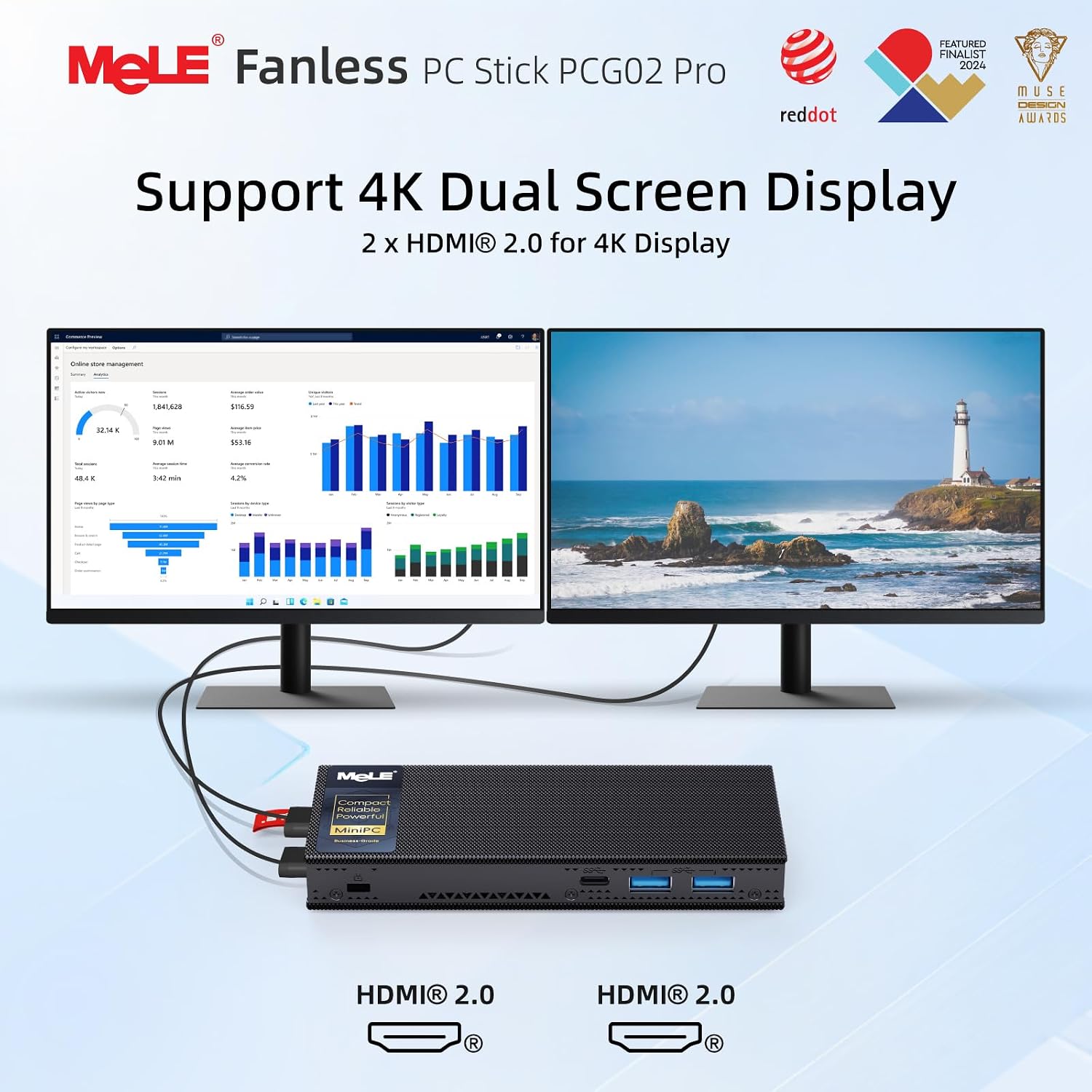MeLE PCG02 Pro Fanless N100 Mini PC Stick 8GB LPDDR4x 128GB eMMC Win11pro Slim Micro Computer Stick Dual HDMI 4K Display WiFi 5 BT5.1 GbE, Support PD3.0 Protocol, on IoT, Digital Signage, MES, WMS