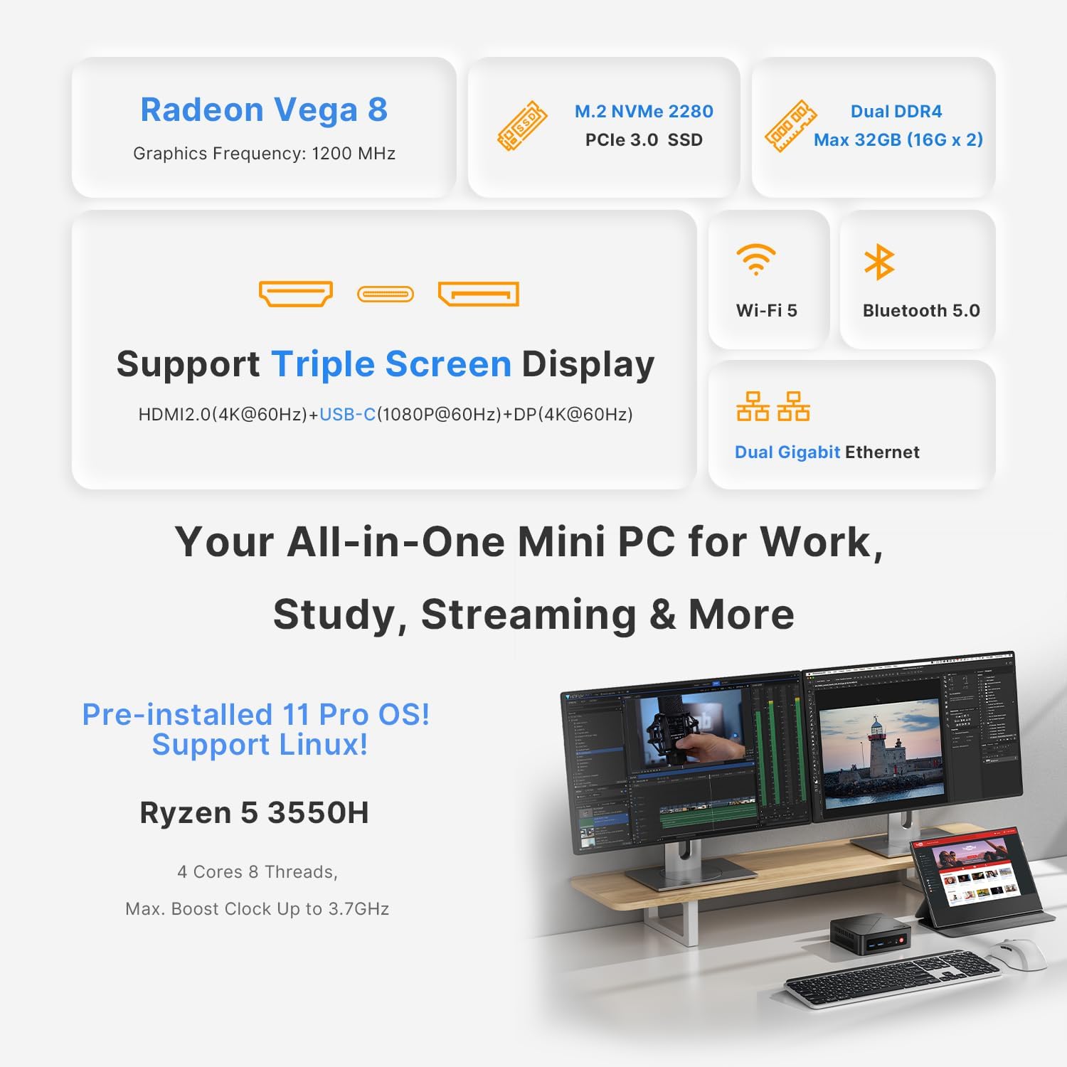 C4 Mini PC | Ryzen 5 3550H |16GB DDR4 RAM |512GB NVMe SSD | Dual 1GbE | 4K Triple Display, HDMI+DP+USB-C, WiFi 5, BT 5.0,11 Pro OS