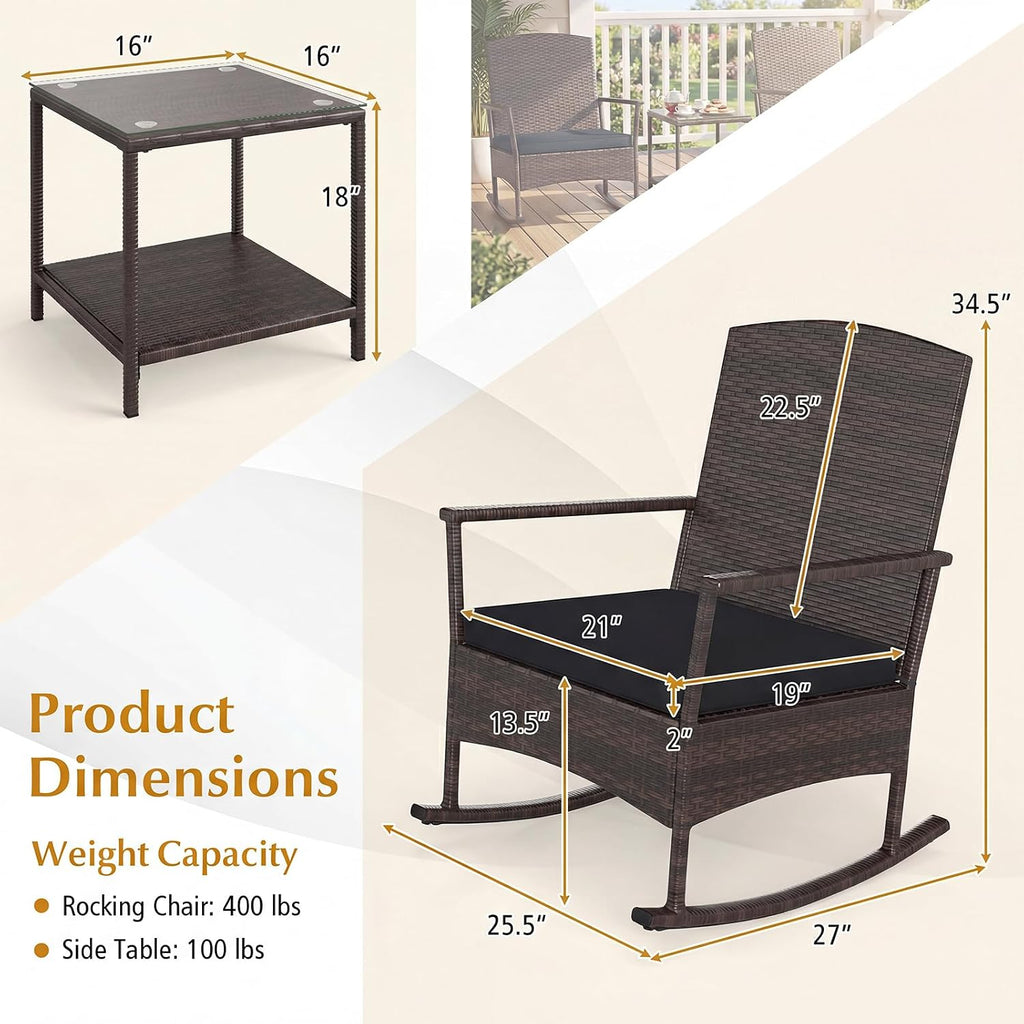 Tangkula 3 Pieces Rocking Wicker Bistro Set, Outdoor Front Porch Rocker Chairs Conversation Set with 2-Tier Tempered Glass Coffee Table and Thick Cushions for Garden, Balcony, Poolside (Black)