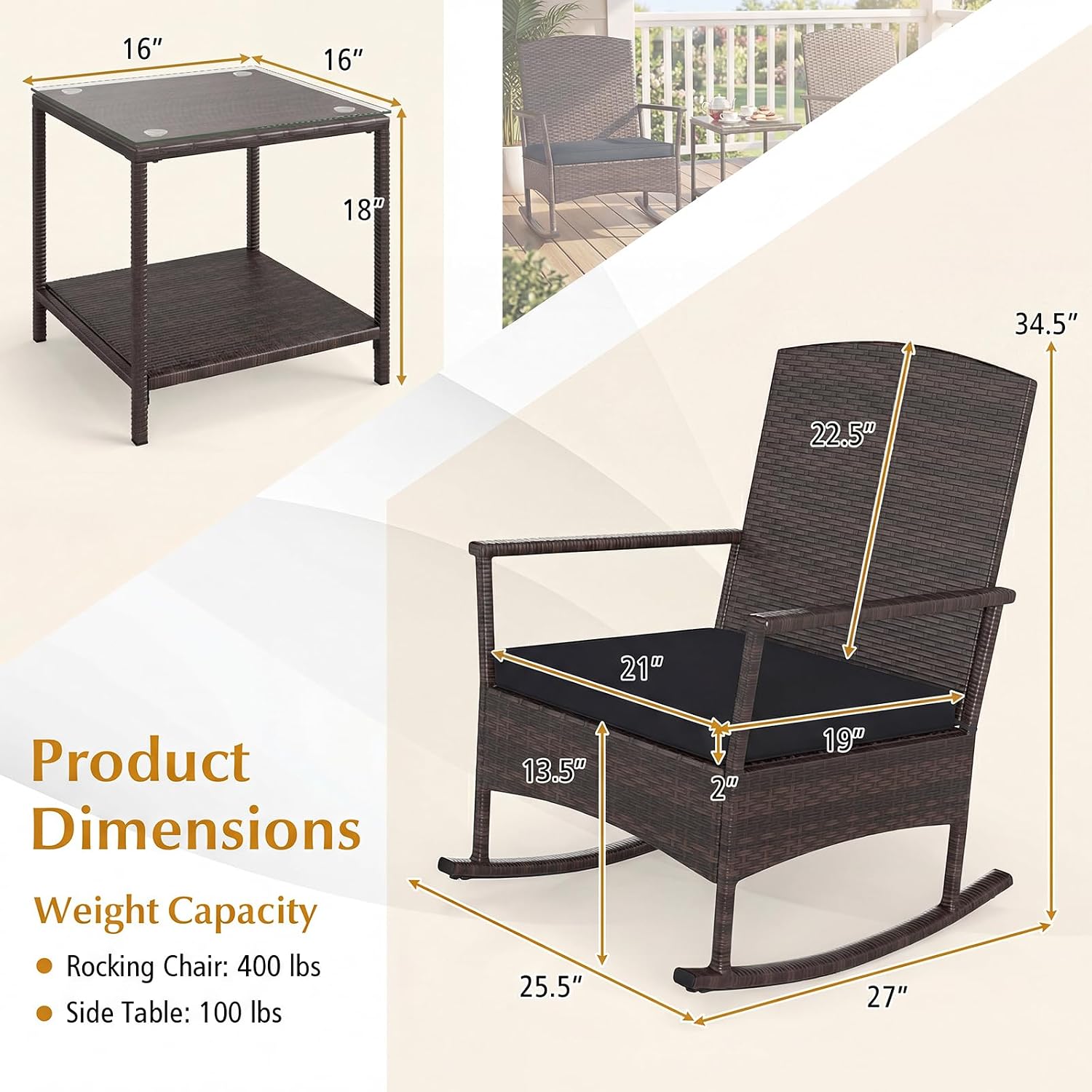 Tangkula 3 Pieces Rocking Wicker Bistro Set, Outdoor Front Porch Rocker Chairs Conversation Set with 2-Tier Tempered Glass Coffee Table and Thick Cushions for Garden, Balcony, Poolside (Black)
