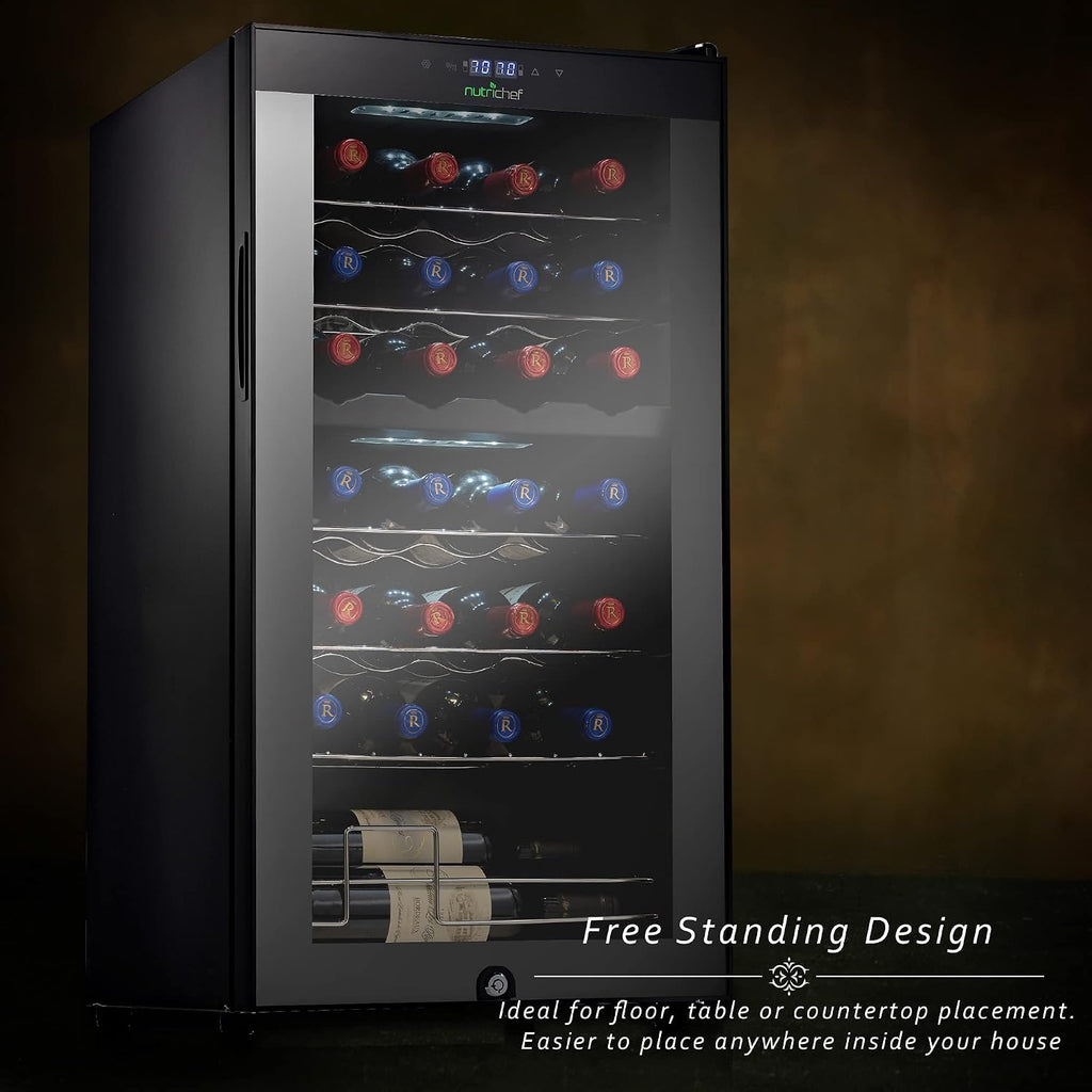 Nutrichef 28 Bottle Wine Fridge | Dual Zone Adjustable Temperature Control 41°F to 64°F | Ultra Quiet Operation | Cooler For Home, & Office | Free-Standing 33x16x17 IN (Black)