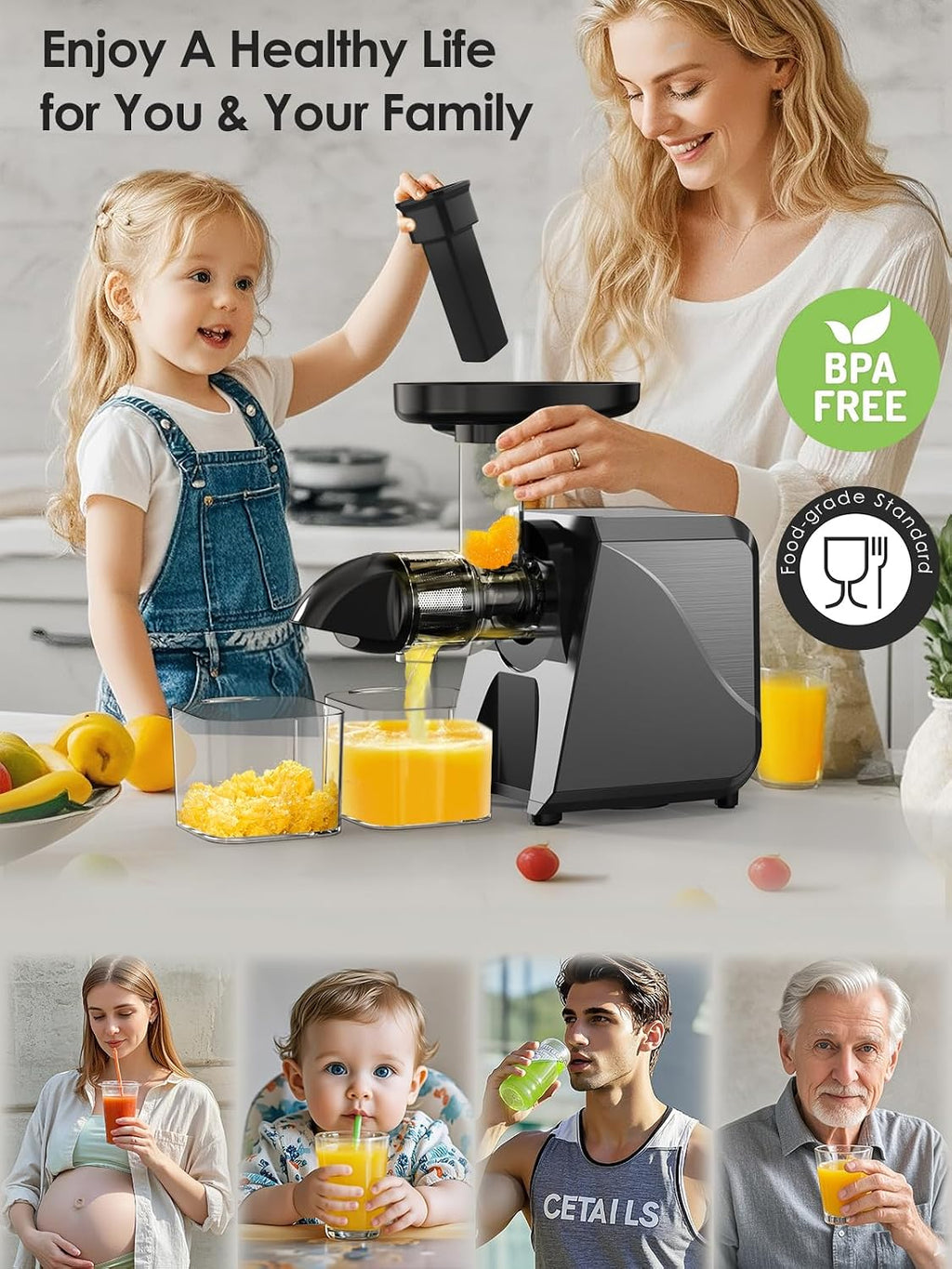 Cold Press Juicer Extractor Fruit Vegetable, Electric Coffee Grinder Burr Fine Coarse Grind for Beans Nuts, Celery Beet Carrot Wheatgrass Ginger Slow Juicer Machines Quiet BPA Free Easy To Clean