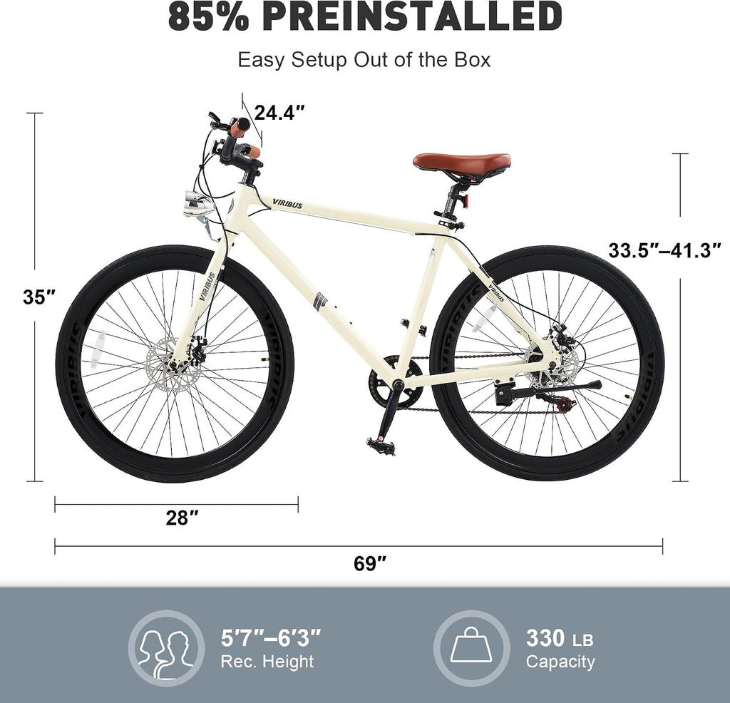 VIRIBUS Hybrid Bikes, 28 inch Mens Hybrid Bicycle 7 Speed with Lightweight Aluminum Frame & Disc Brakes, 700C Retro Vintage Adult Bike for Tall Men & City Commuters 85% Pre-Assembled