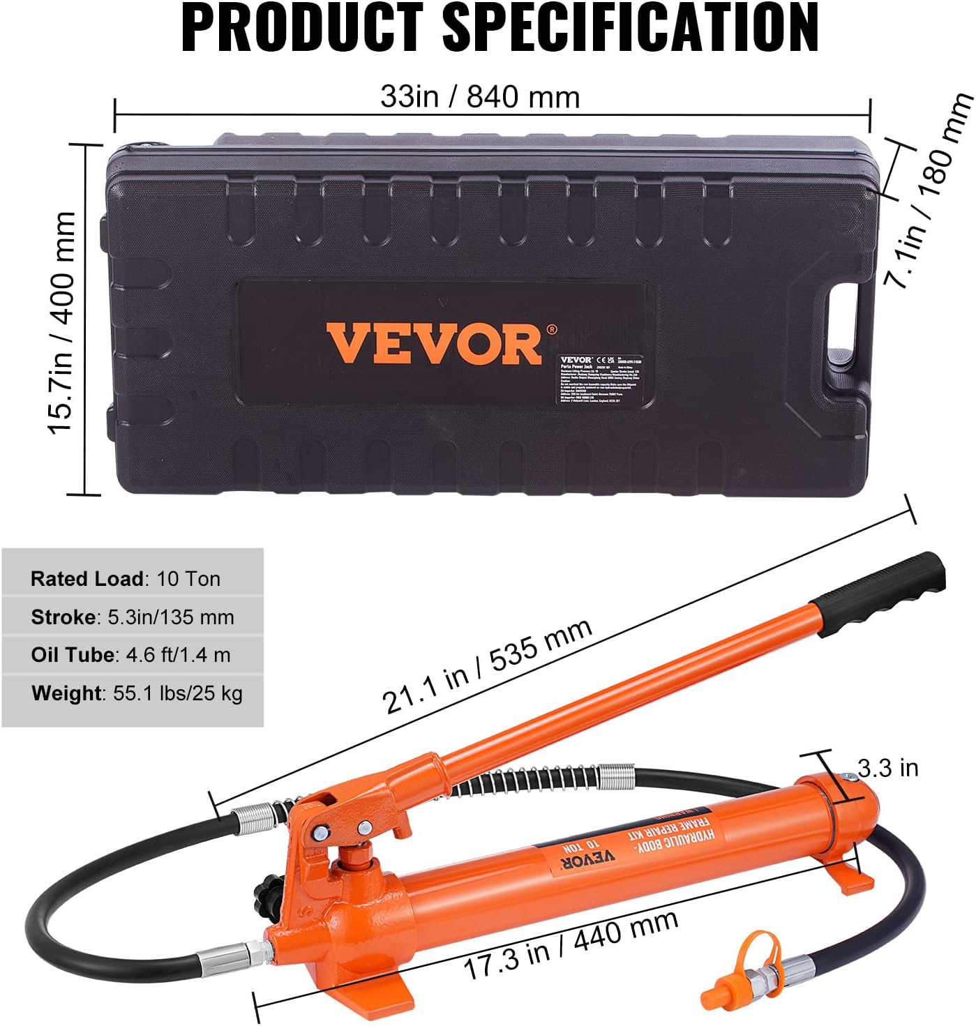 VEVOR 10 Ton Porta Power Kit, Hydraulic Ram with Pump, Car Jack with 4.6 ft/1.4 m Oil Hose, Bent Frame Repair Tool with Storage Case for Automotive, Garage, Heavy Equipment, Mechanic (22046 LBS)