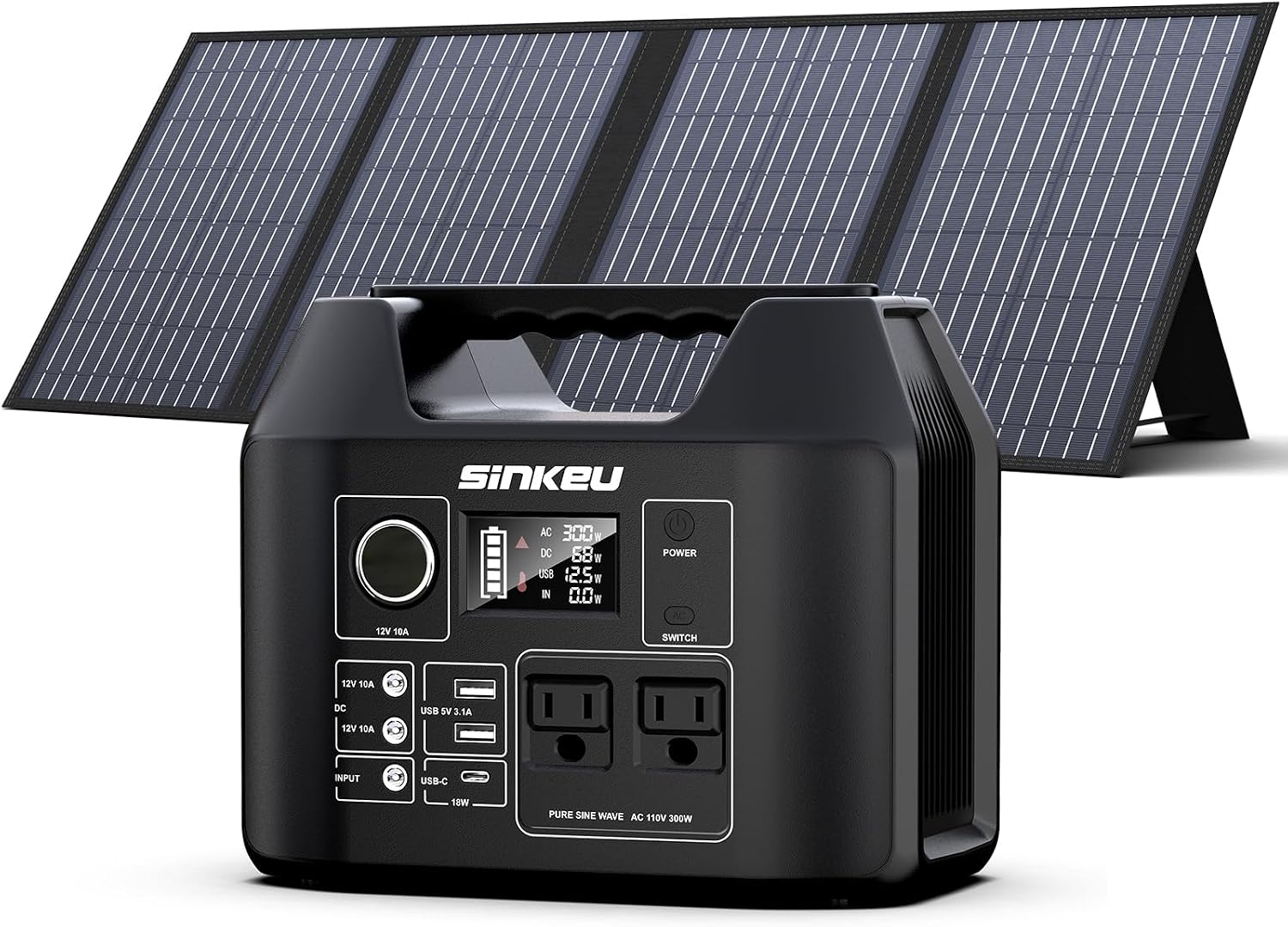 Portable Solar Generator, 300W Portable Power Station with Foldable 60W Solar Panel, 110V Pure Sine Wave 280Wh Lithium Battery Pack with USB DC AC Outlet for Home Use RV Van Outdoor Camping