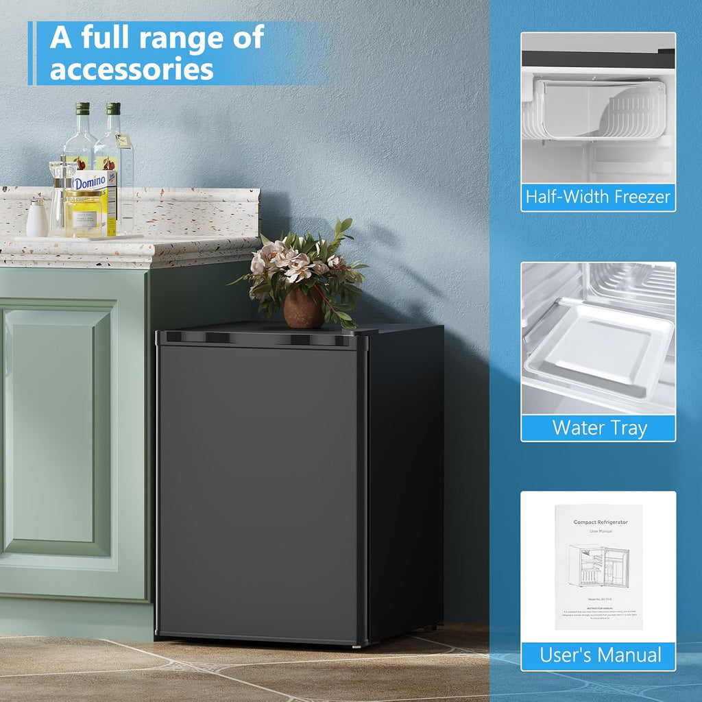 COWSAR 2.6 Cu.Ft Mini Fridge with Freezer, Single-Door Compact Refrigerator, 7 Settings Temperature Adjustable, 2 Removable Shelves, Commercial Small fridge for Bedroom, Office, Kitchen, Dorm, Black