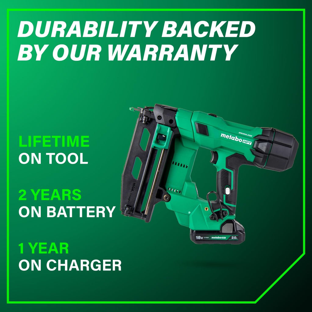Metabo HPT 18V MultiVolt Brushless Pro 16-GA Straight Finish Nailer Kit, 16 Gauge Finish Nailer, Power Tool with 2.0Ah Lithium Ion Battery, 1' to 2-1/2' Nails, Powerful Brushless Motor, NT1865DSA