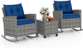 Tangkula 3 Piece Wicker Rocking Set, Patio Rattan Roker Chairs with Tempered Glass Table & Soft Cushions, Outdoor Furniture Set for Backyard, Poolside Porch (Mix Gray & Navy)