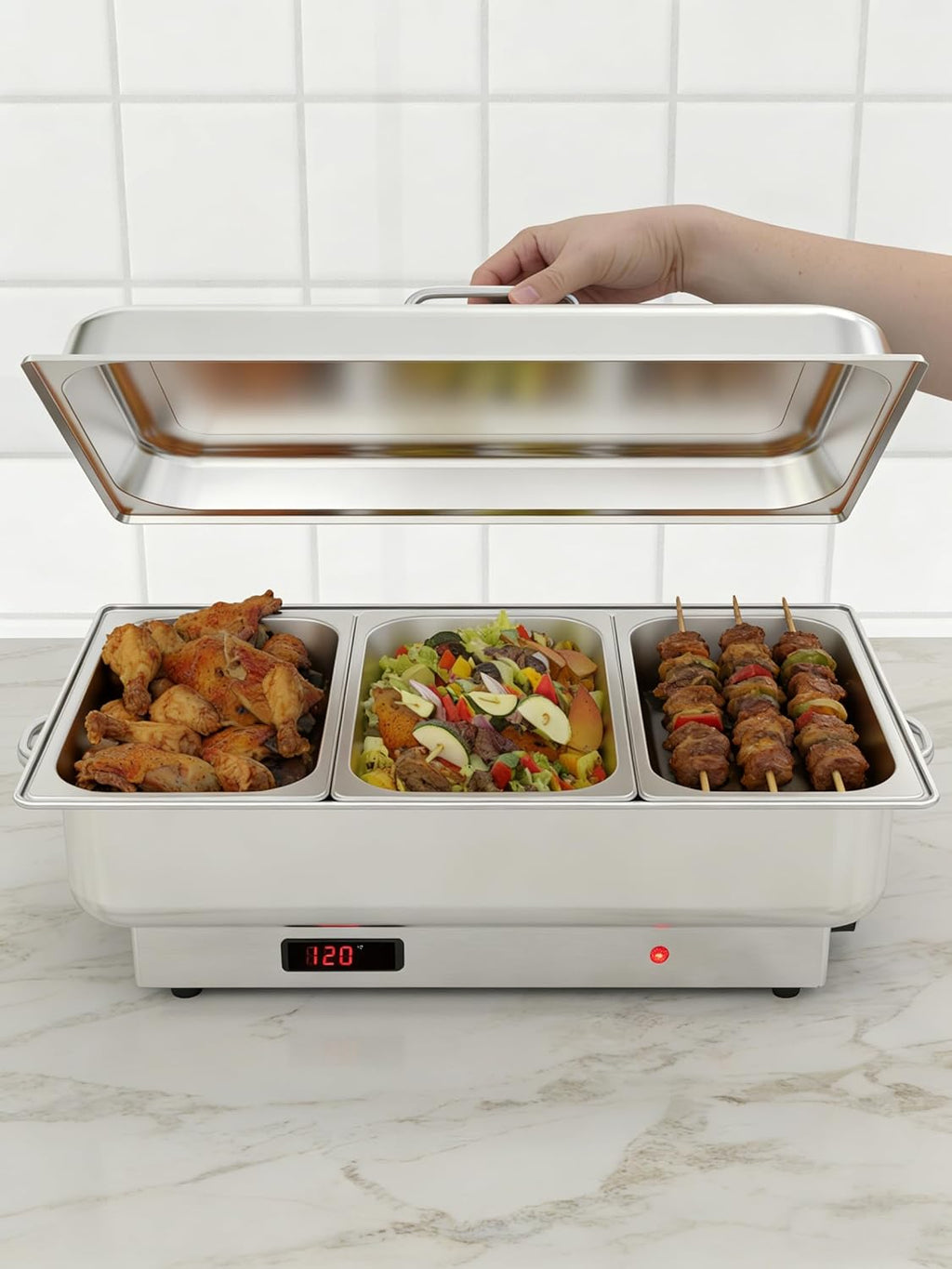 GarveeHome Electric Chafing Dish Buffet Set,3 x 3 QT Stainless Steel Food Warmers, 600W Digital Display Temperature Control Serving Trays for Parties Catering Weddings, Sections Dishwasher Safe