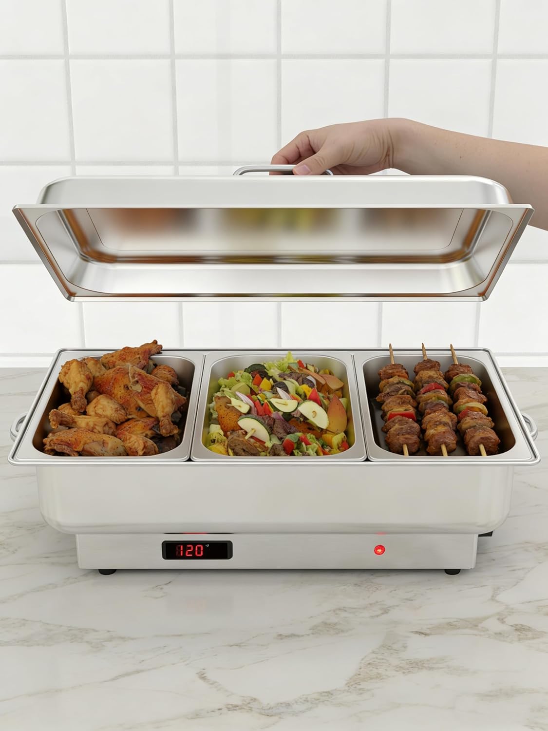 GarveeHome Electric Chafing Dish Buffet Set,3 x 3 QT Stainless Steel Food Warmers, 600W Digital Display Temperature Control Serving Trays for Parties Catering Weddings, Sections Dishwasher Safe