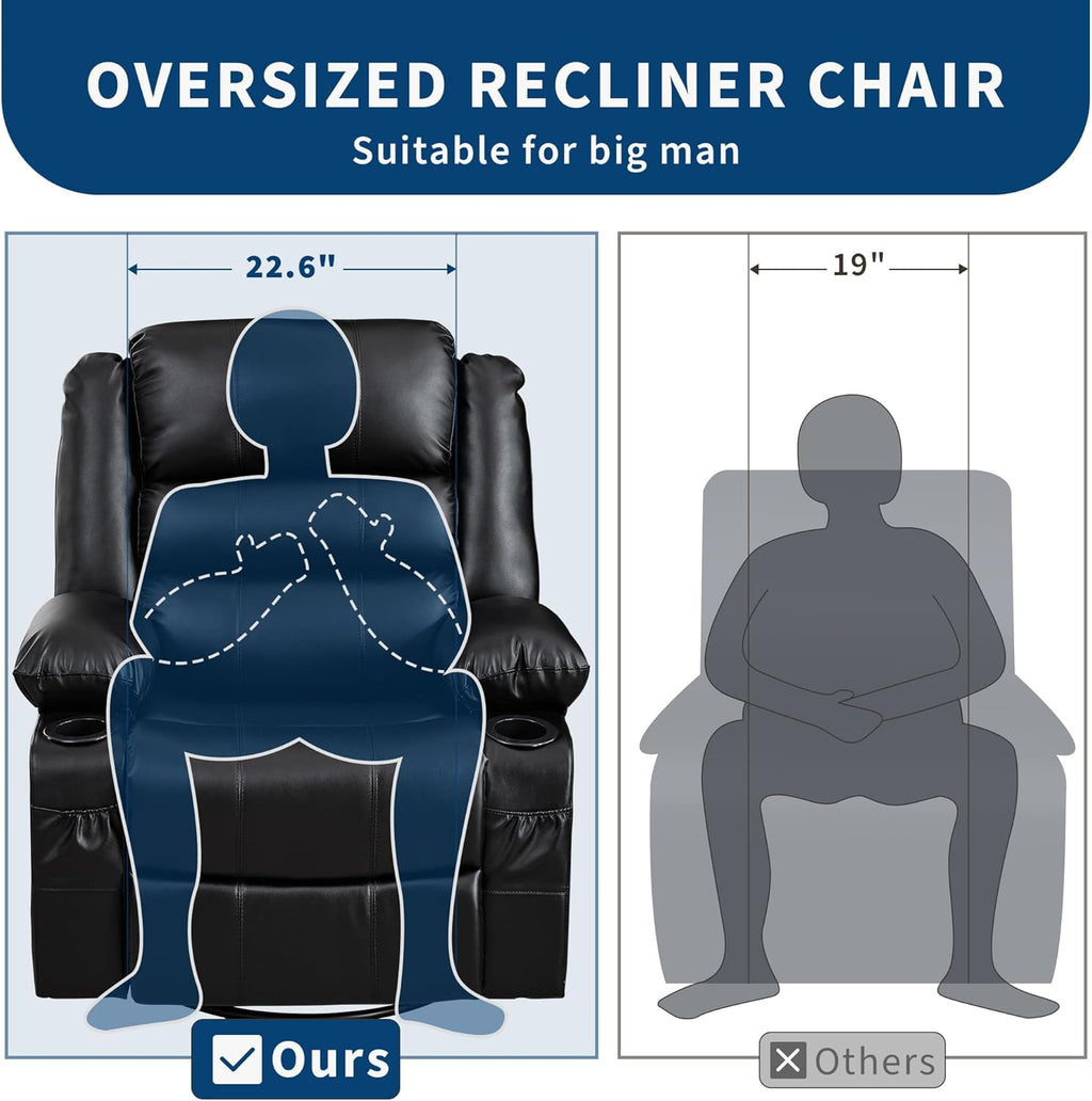Rocking Recliner Chair for Adults Wide 360° Swivel Rocker Recliner with Cup Holder Nursery Glider with Upholstered Deep Seat PU Leather Comfy Single Sofa for Living Room Black