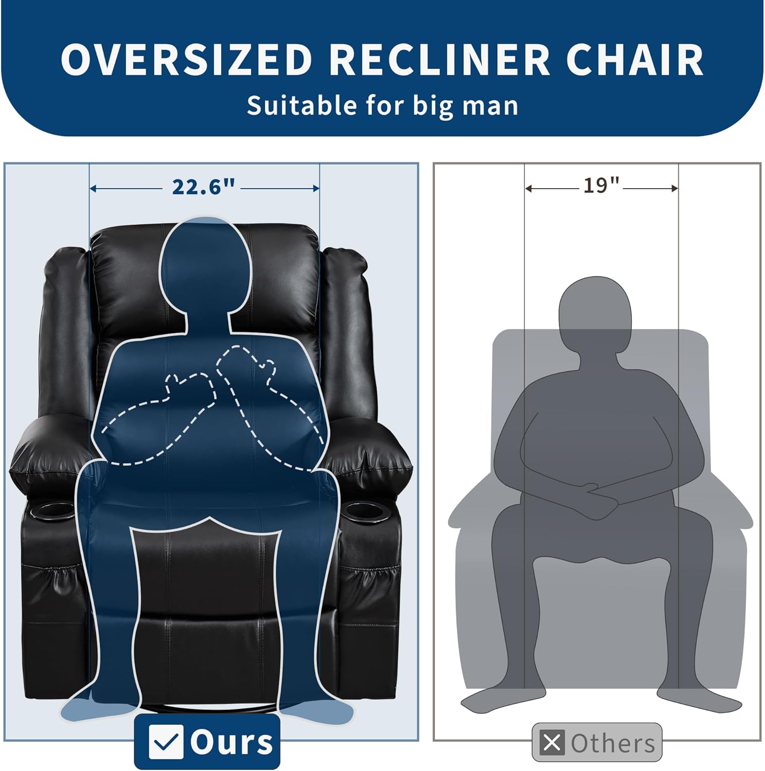 Rocking Recliner Chair for Adults Wide 360° Swivel Rocker Recliner with Cup Holder Nursery Glider with Upholstered Deep Seat PU Leather Comfy Single Sofa for Living Room Black