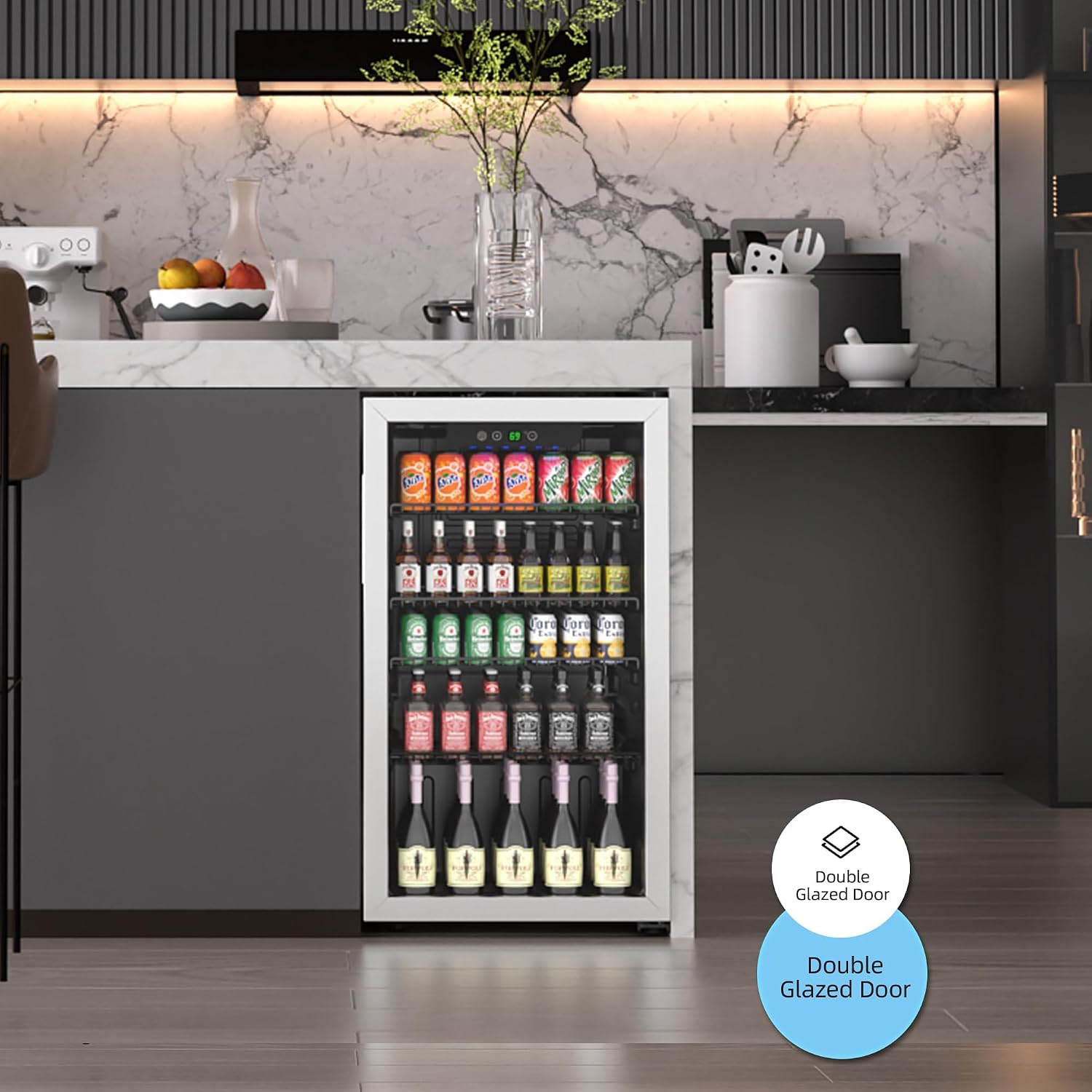 126 Can Freestanding Beverage Refrigerator, 3.2 Cu. Ft Drink Fridge with Glass Door, Adjustable Shelves & Temperature Control, Quiet Compressor Small Refrigerator for Soda, Beer or Wine