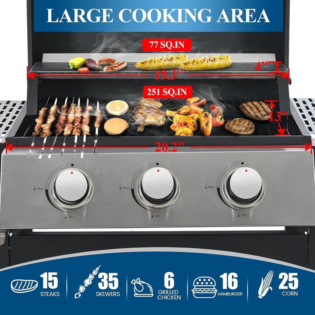 3-Burner Propane Gas Grill, 30,000 BTU Stainless Steel Outdoor BBQ Grill with Lid, Side Shelves & Wheels for Patio, Garden and Backyard Cooking