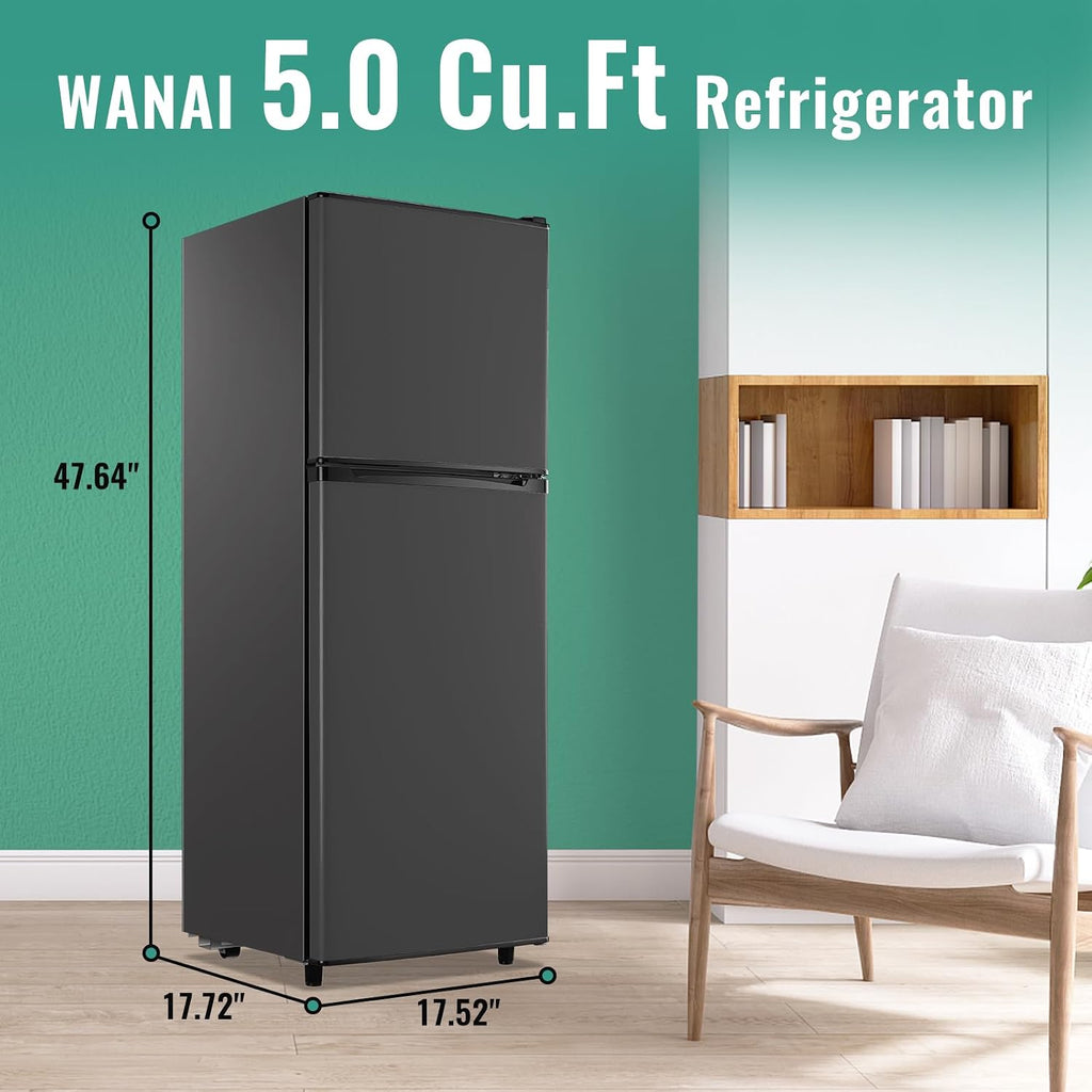 WANAI 5.0 Cu.Ft Fridge with Freezer, Dual Door Refrigerator with 7 Settings Temperature Adjustable, Small Fridge for Office Apartment and Home, Dark Gray