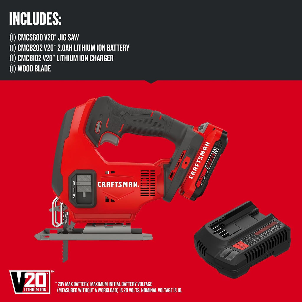CRAFTSMAN V20 Cordless Jig Saw Kit, 3 Orbital Settings, Up to 2,500 SPM, Battery and Charger Included (CMCS600D1)