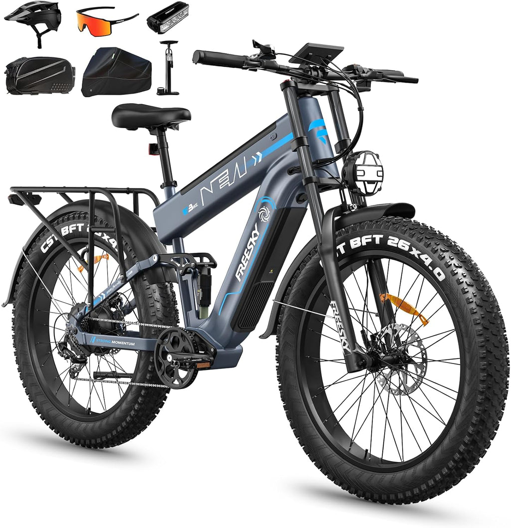 FREESKY Dual Battery Electric Bike for Adults, 48V 45AH 200 Miles Long Range E Bike, 4000W Motor 40MPH+, 26' Fat Tire Fast Mountain EBike, Full Suspension & Hydraulic Brakes, UL 2849 Certified by TÜV