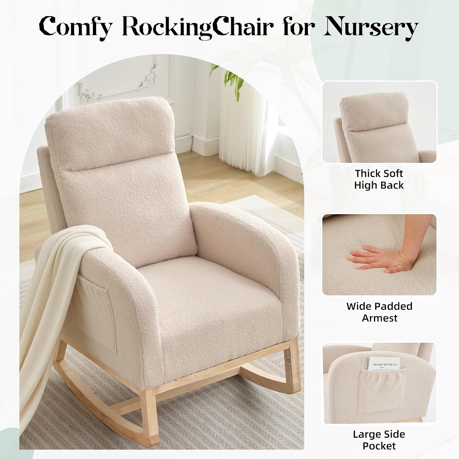 GAOMON Rocking Chair Glider for Nursery, Comfy Rocker Nursery with Side Pocket & High Backrest, Baby Rocking Chair for Breastfeeding, Upholstered Rocker & Living Room, Beige
