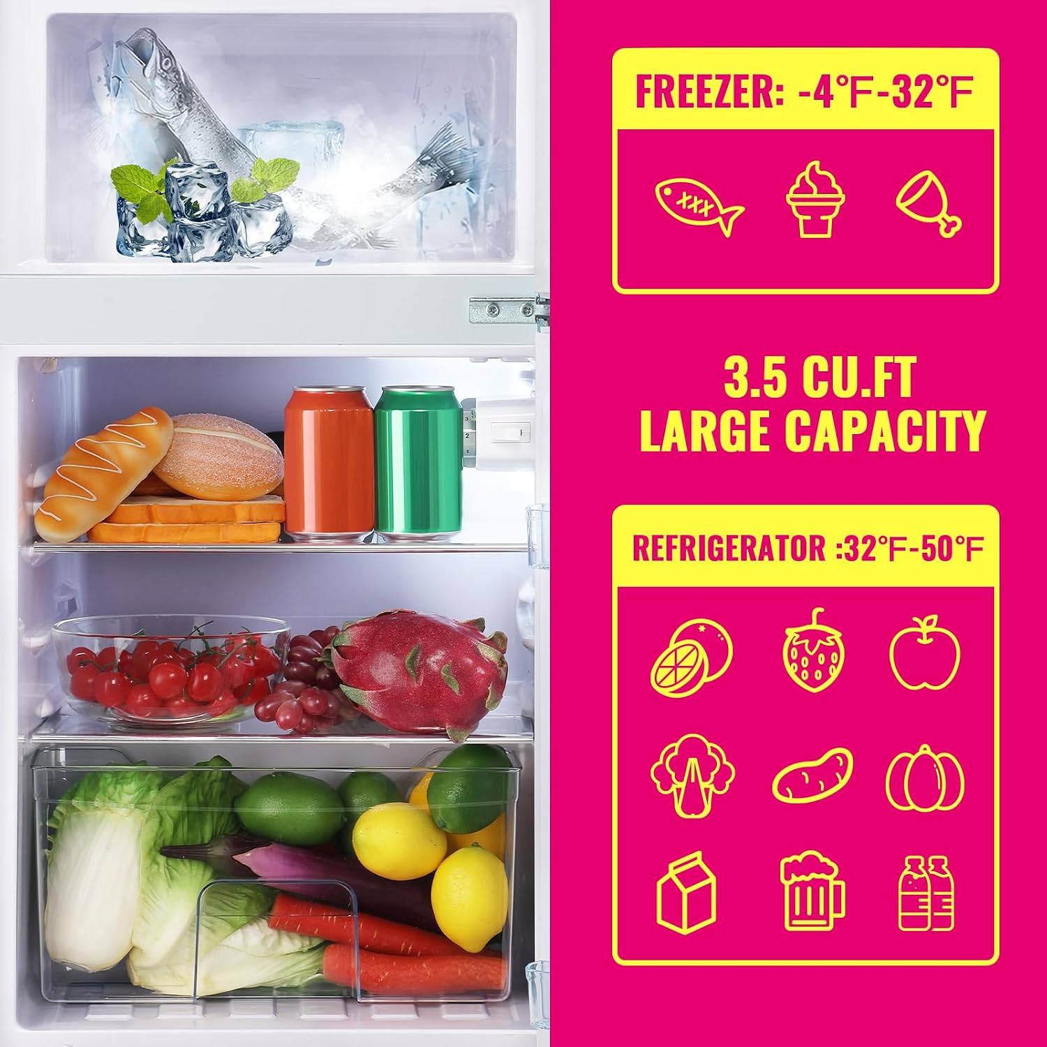 DEMULELR Retro Mini Fridge Dual Door Refrigerator with Freezer, 3.5 Cu.ft Small Refrigerator with Handle, Adjustable Temperature & Removable Glass Shelves, for Apartment/Dorm/Office/RV, BLUE
